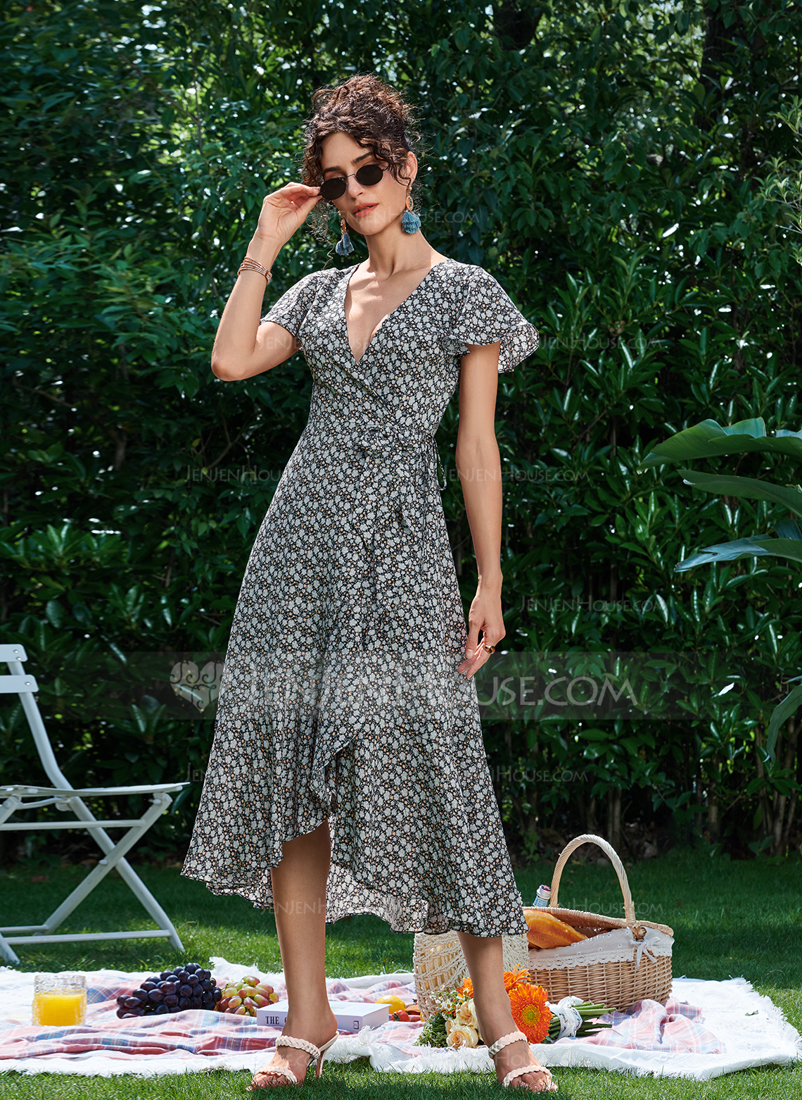 V-hals Kortermer Ferie A-line kjole Chiffong Asymmetrisk Motekjoler 