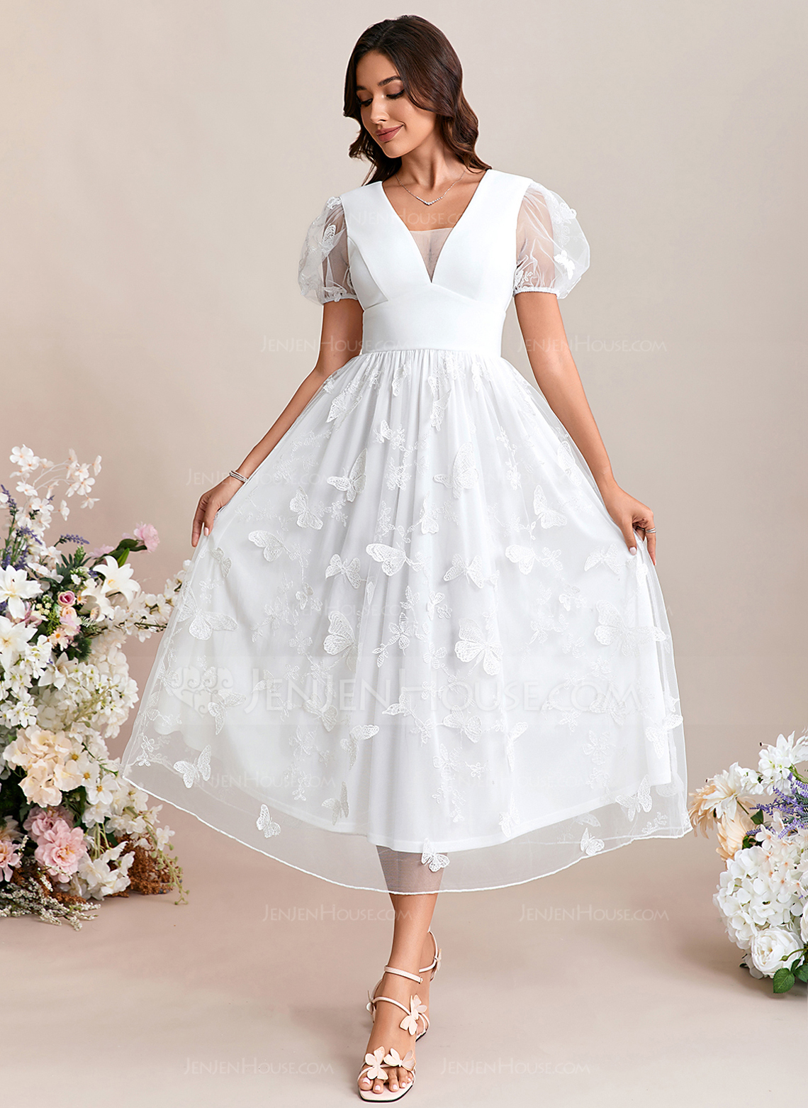 Embroidered V-Neck Short Sleeve A-line Lace Midi Dress 