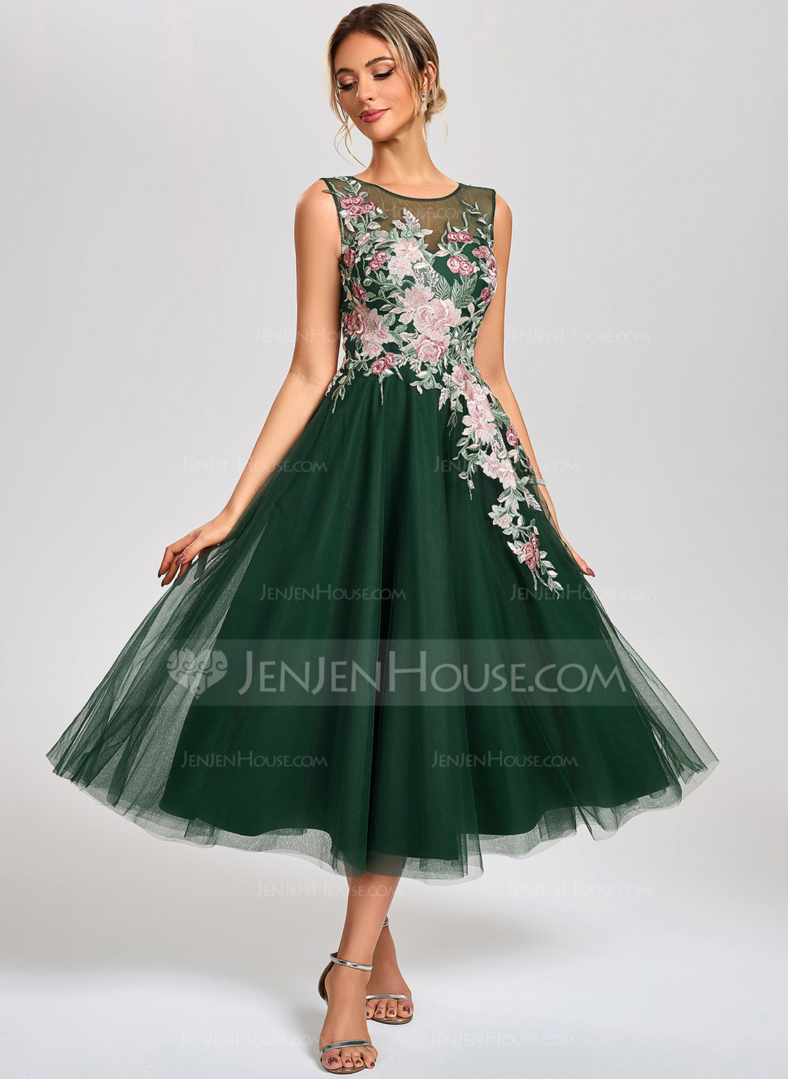 A-line Scoop Tea-Length Tulle Lace Cocktail Dress 