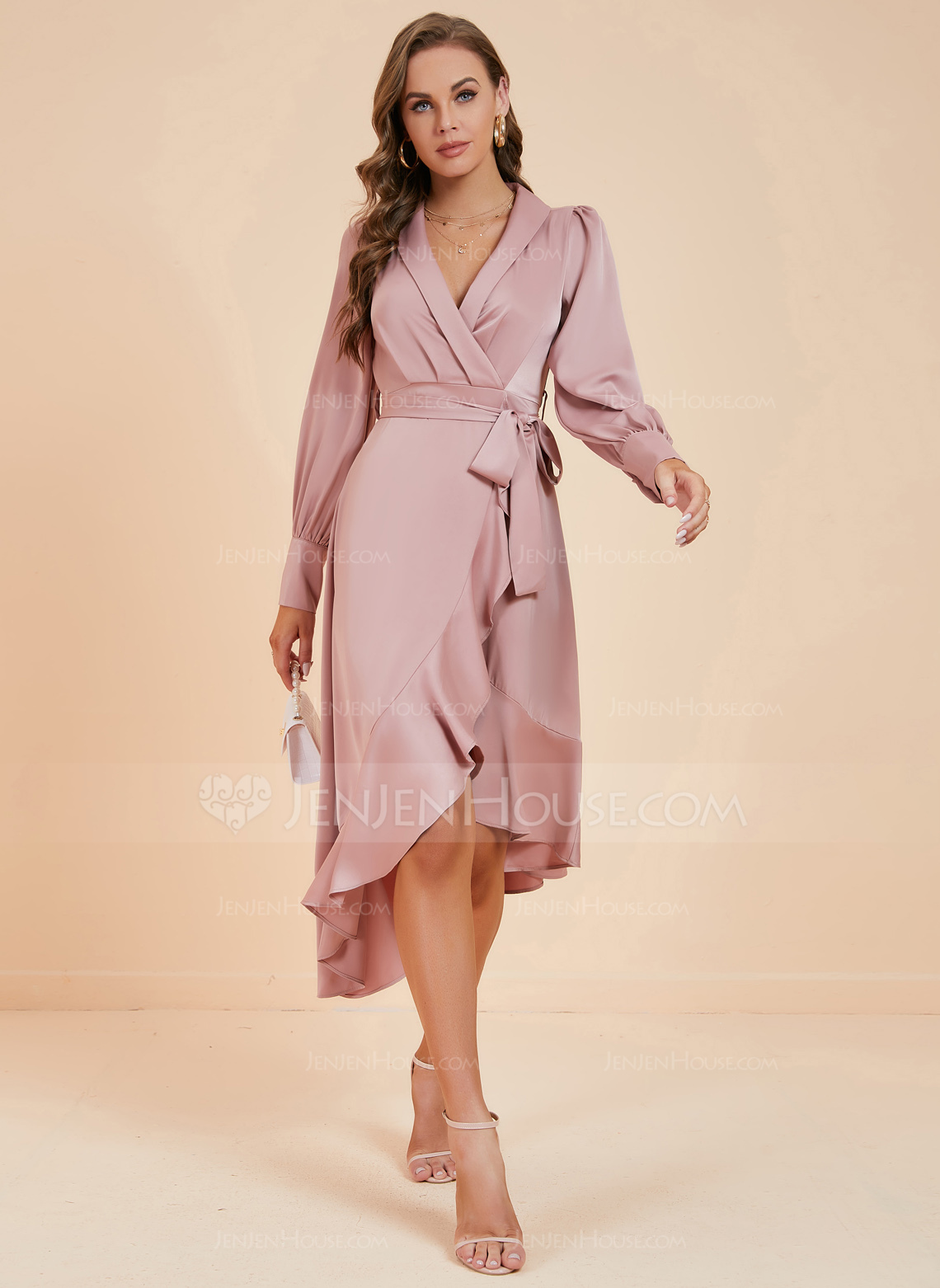 Frynse V-hals Lange ermer A-line kjole Polyester Asymmetrisk Motekjoler 