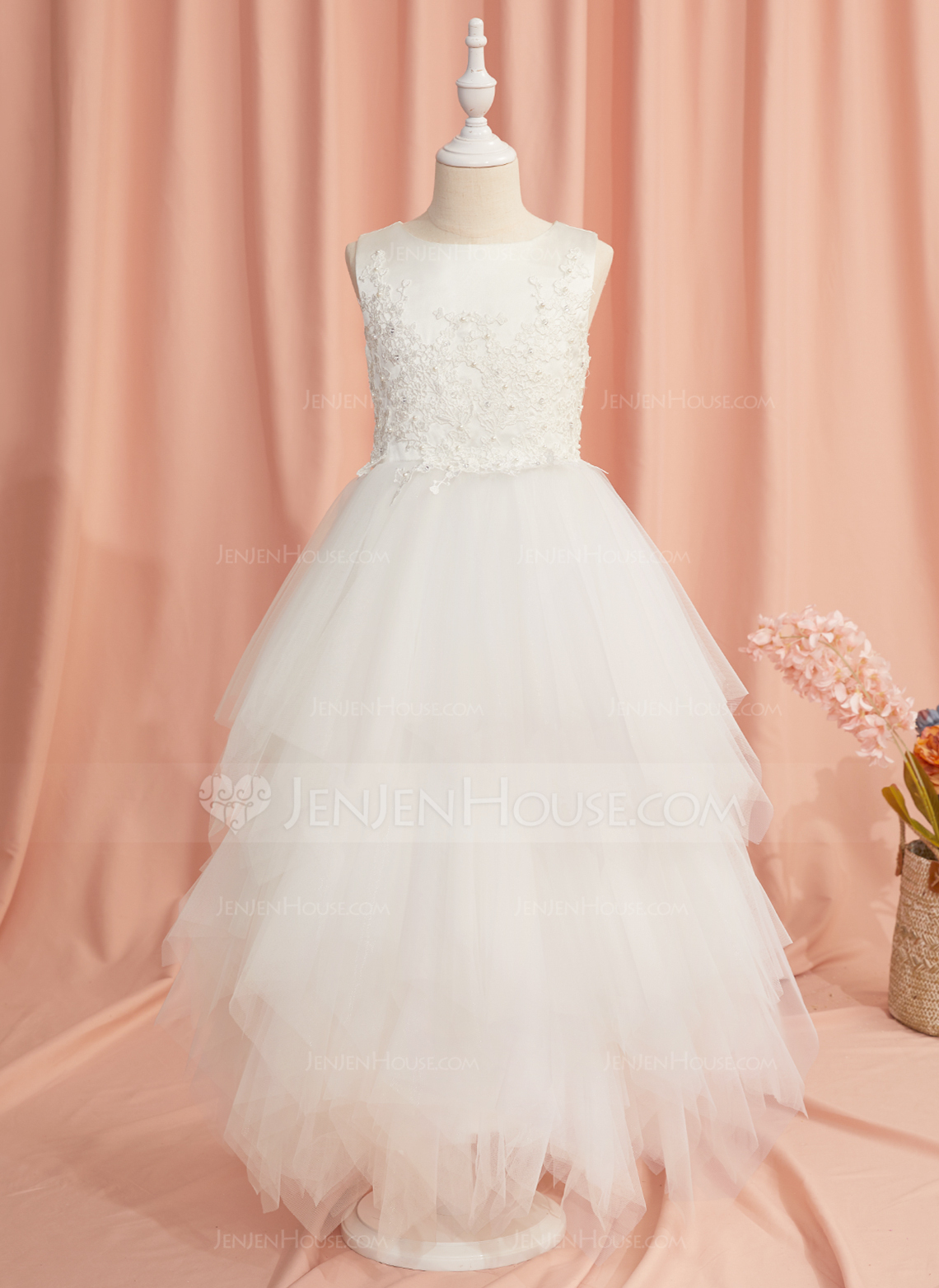 Ballkjole/Prinsesse Scoop Ankel-lengde Blonder Sateng Tyll Brudepikekjole barn med Profilering 