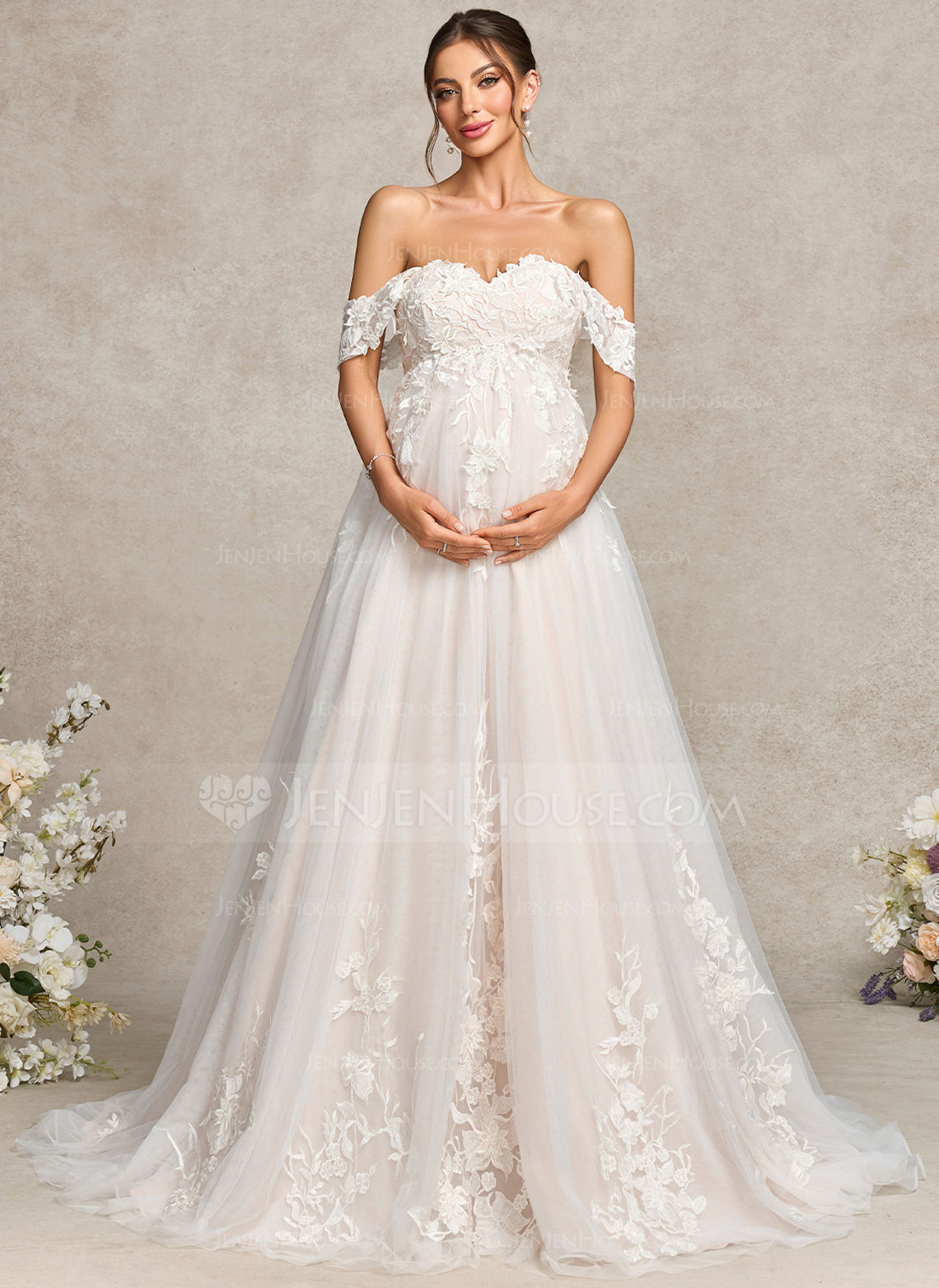 Ball-Gown/Princess Off the Shoulder Court Train Tulle Lace Maternity Dresses 