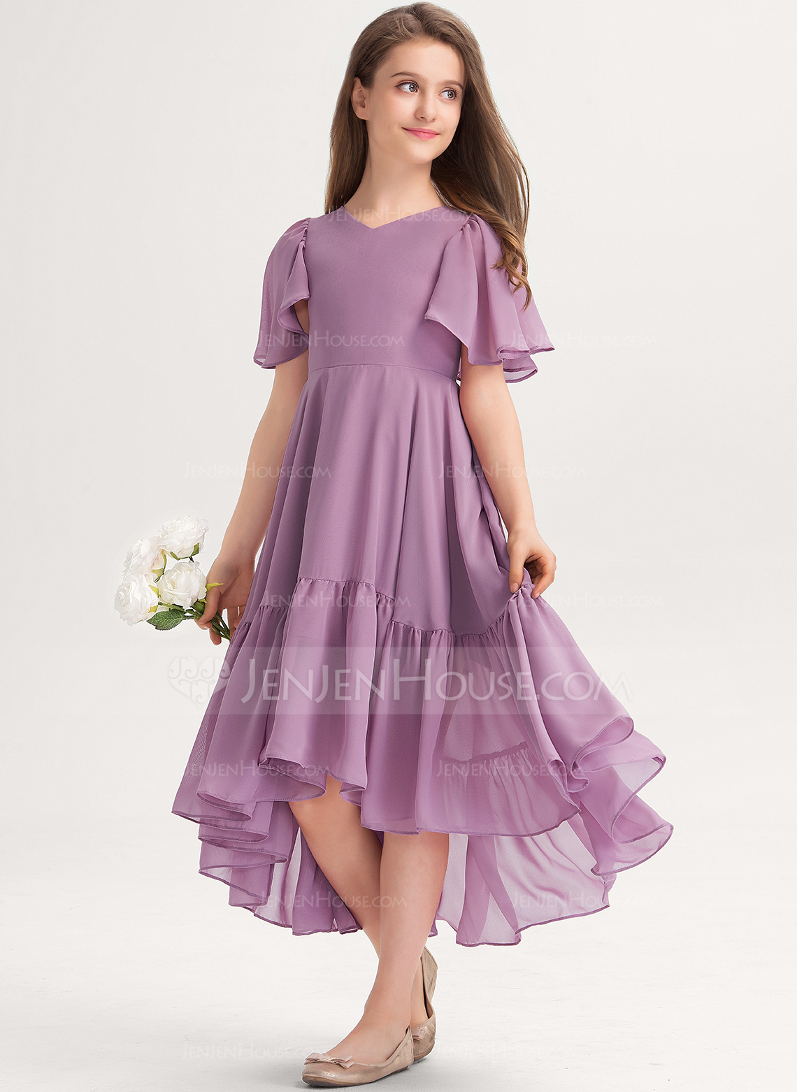 A-Linien-Kleid V-Ausschnitt Vokuhila Chiffon Kleider für junge Brautjungfern 