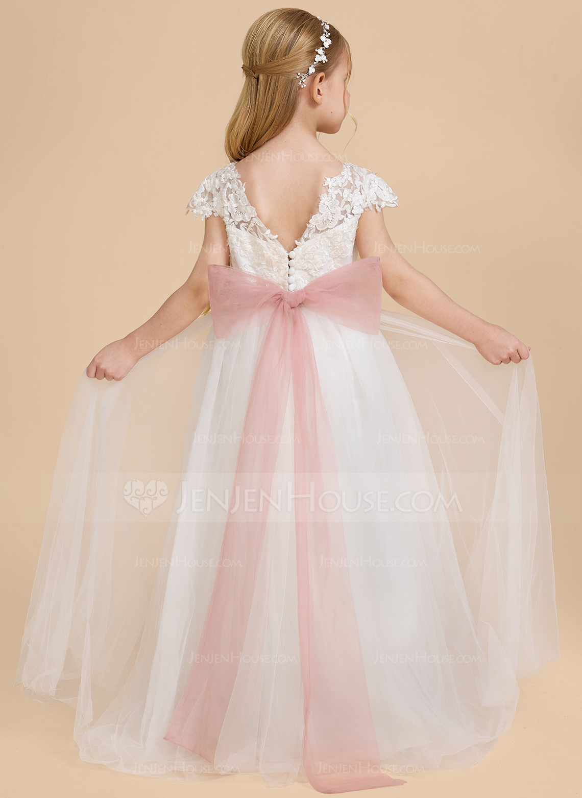 Prinzessin Rundhals Bodenlang Spitze Blumenmädchenkleid mit Cape-Ärmel Schärpe 