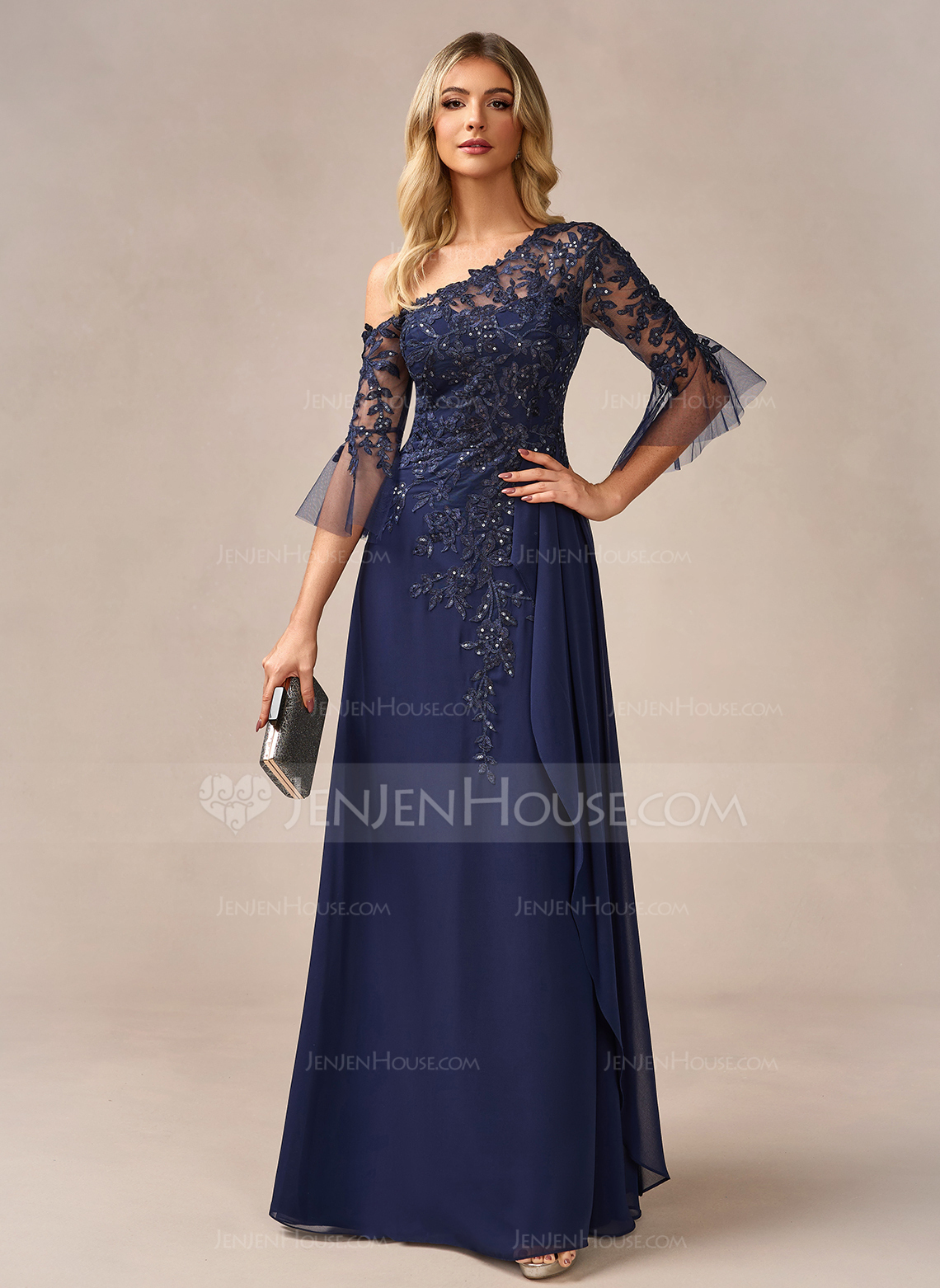 A-line One Shoulder Floor-Length Chiffon Lace Evening Dress With Sequins 