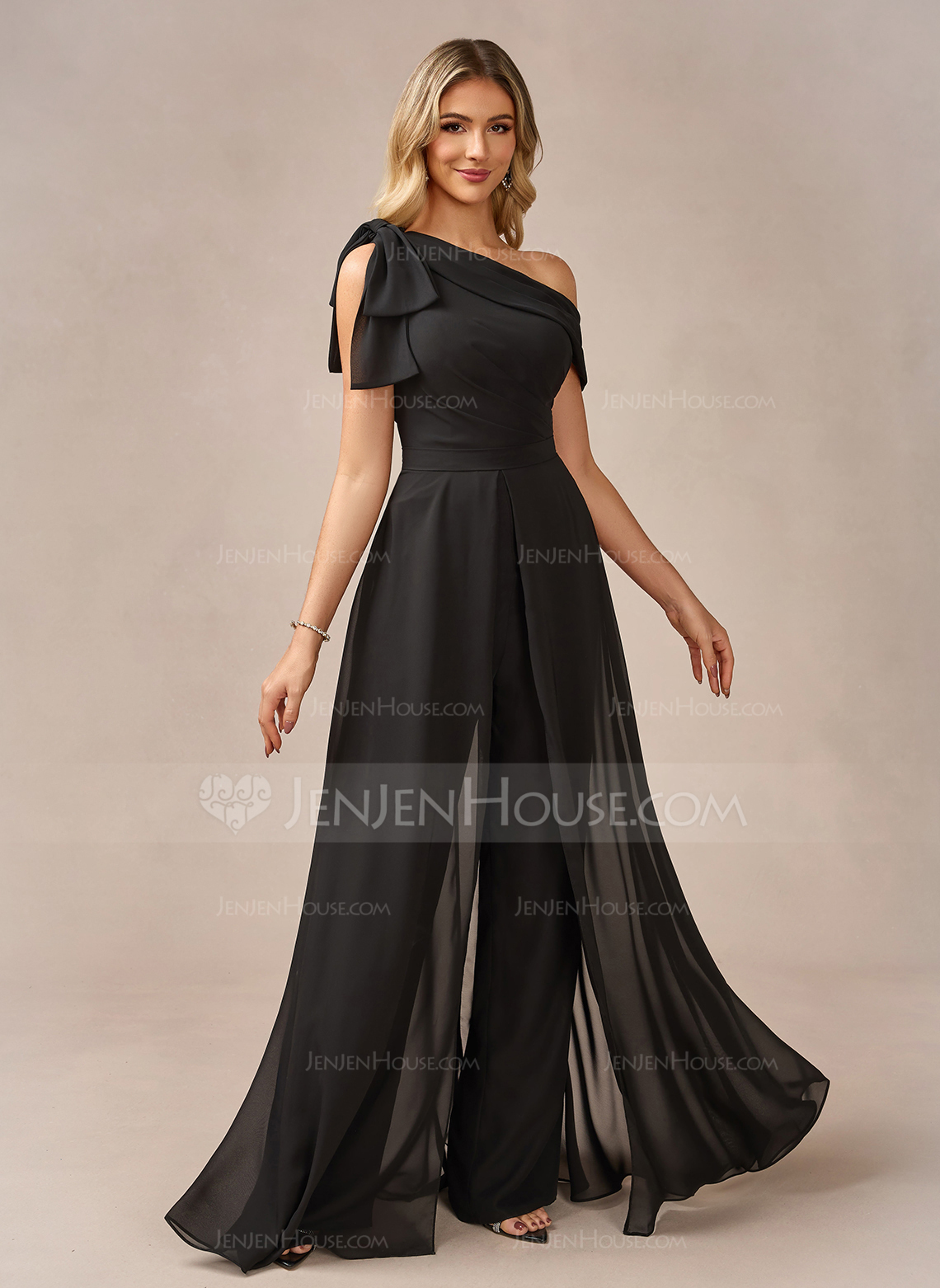 Jumpsuits One Shoulder Floor-Length Chiffon Evening Dress With Overskirt Bow 