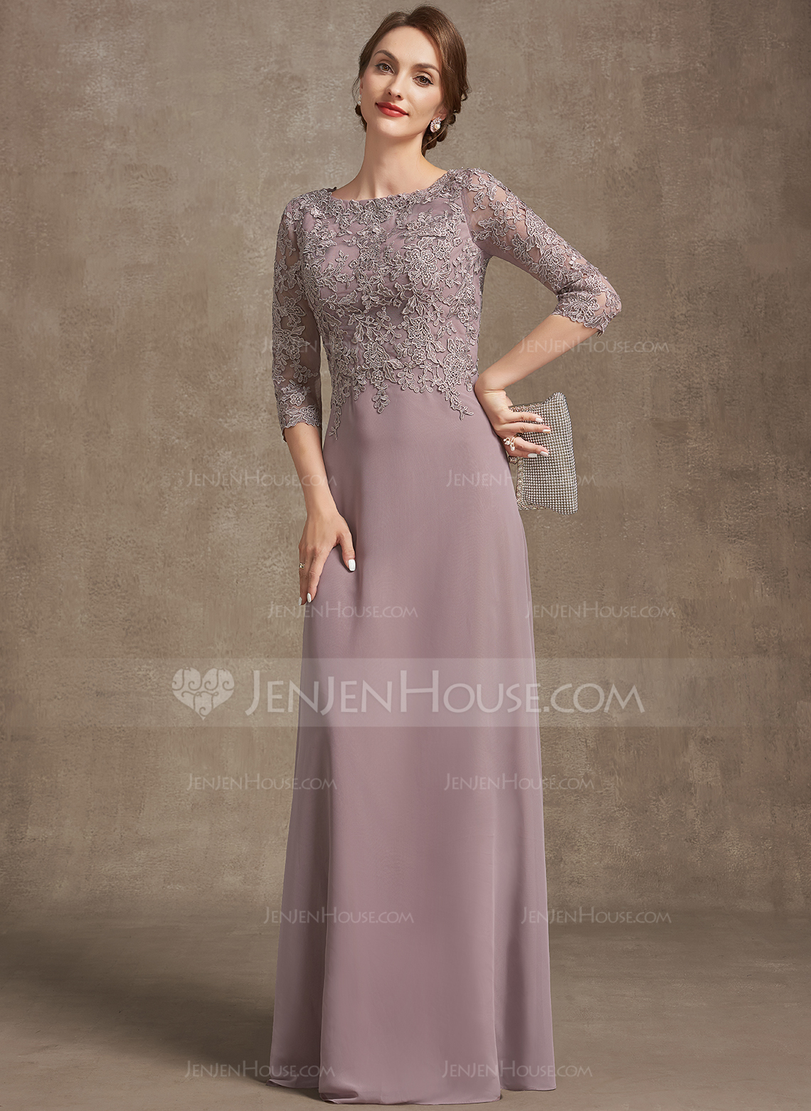 A-linja pyöreä kaula-aukko lattiaa hipova pituus pitsi sifonki morsiamen äiti-mekko 