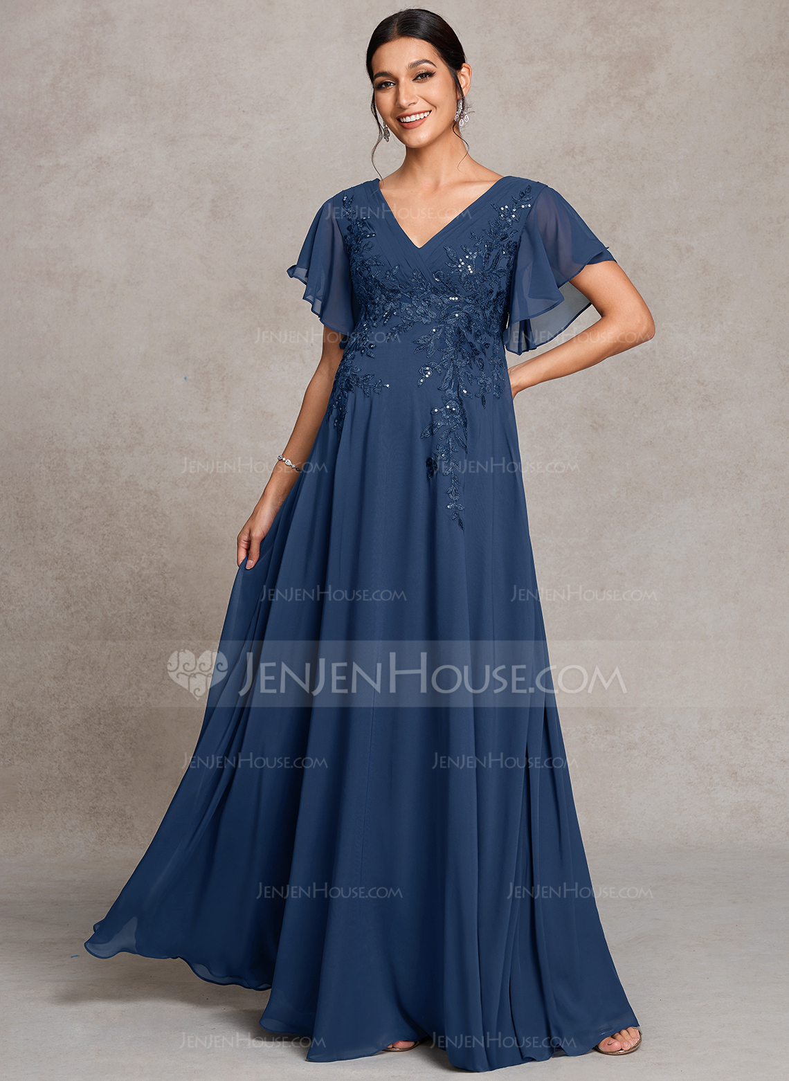 A-line V-Neck Floor-Length Lace Chiffon Maternity Dresses With Sequins Pleated 