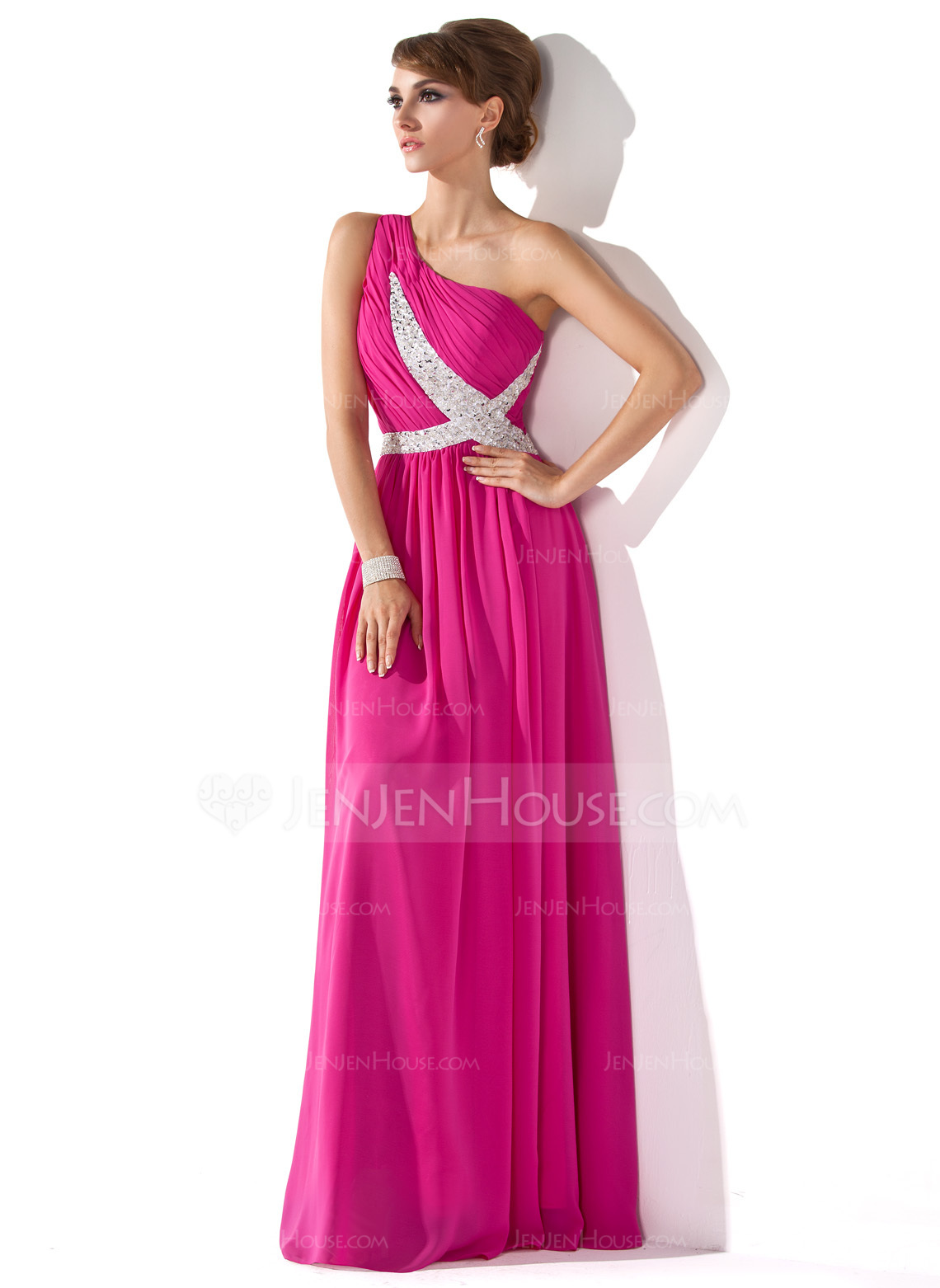 A-Line/Princess One-Shoulder Floor-Length Chiffon Evening Dress With Ruffle Beading Sequins 