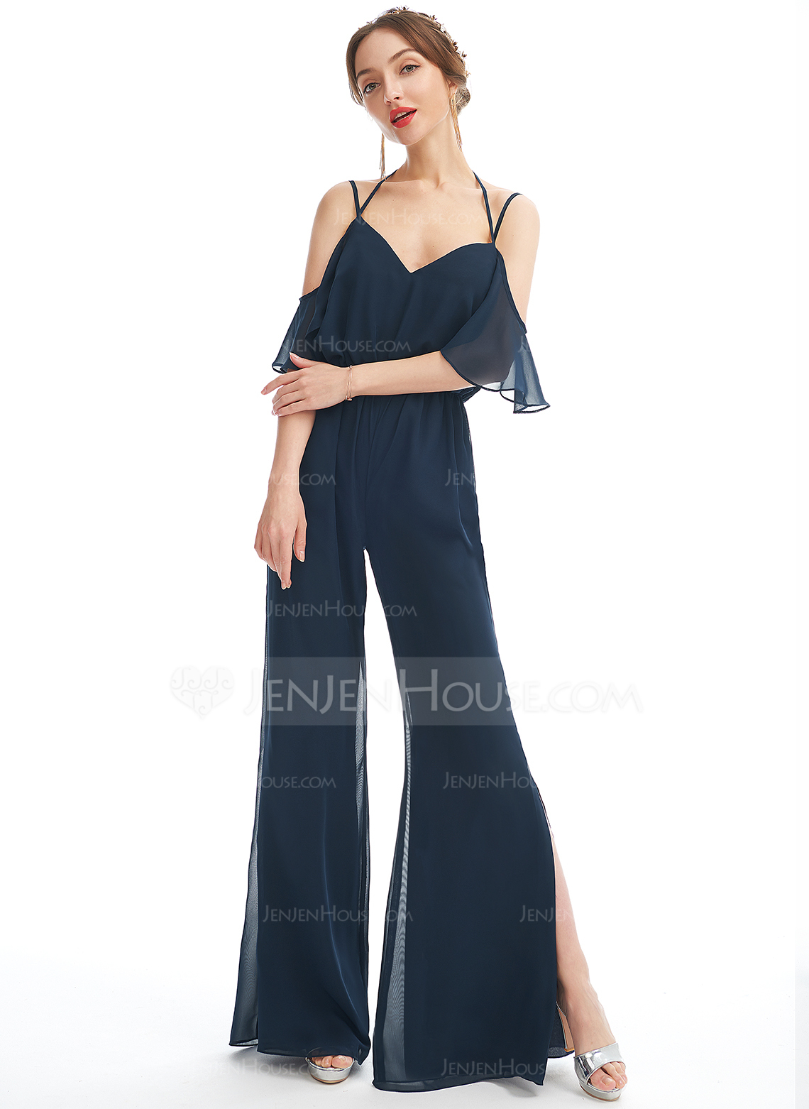 Jumpsuits V-hals Gulvlengde Chiffon Brudepikekjole med Ruffle 