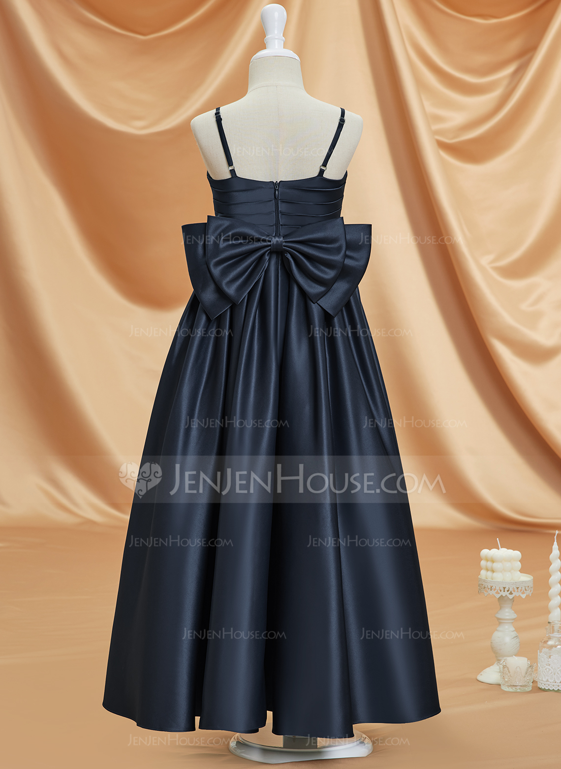 A-line kjole V-hals Ankel-lengde Sateng Brudepikekjole barn med Sløyfe 