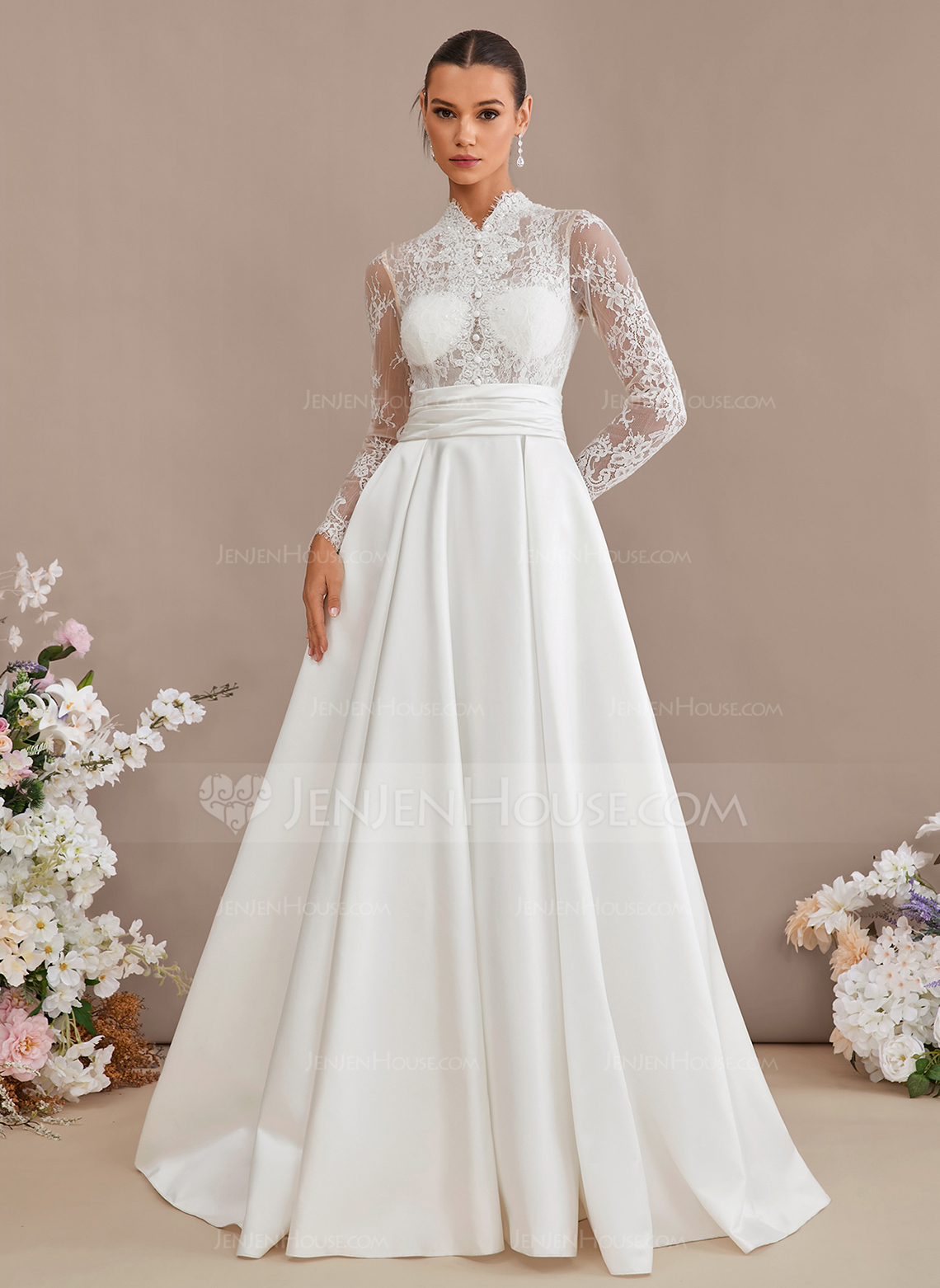 A-line High Neck Sweep Train Satin Lace Wedding Dress With Sequins 