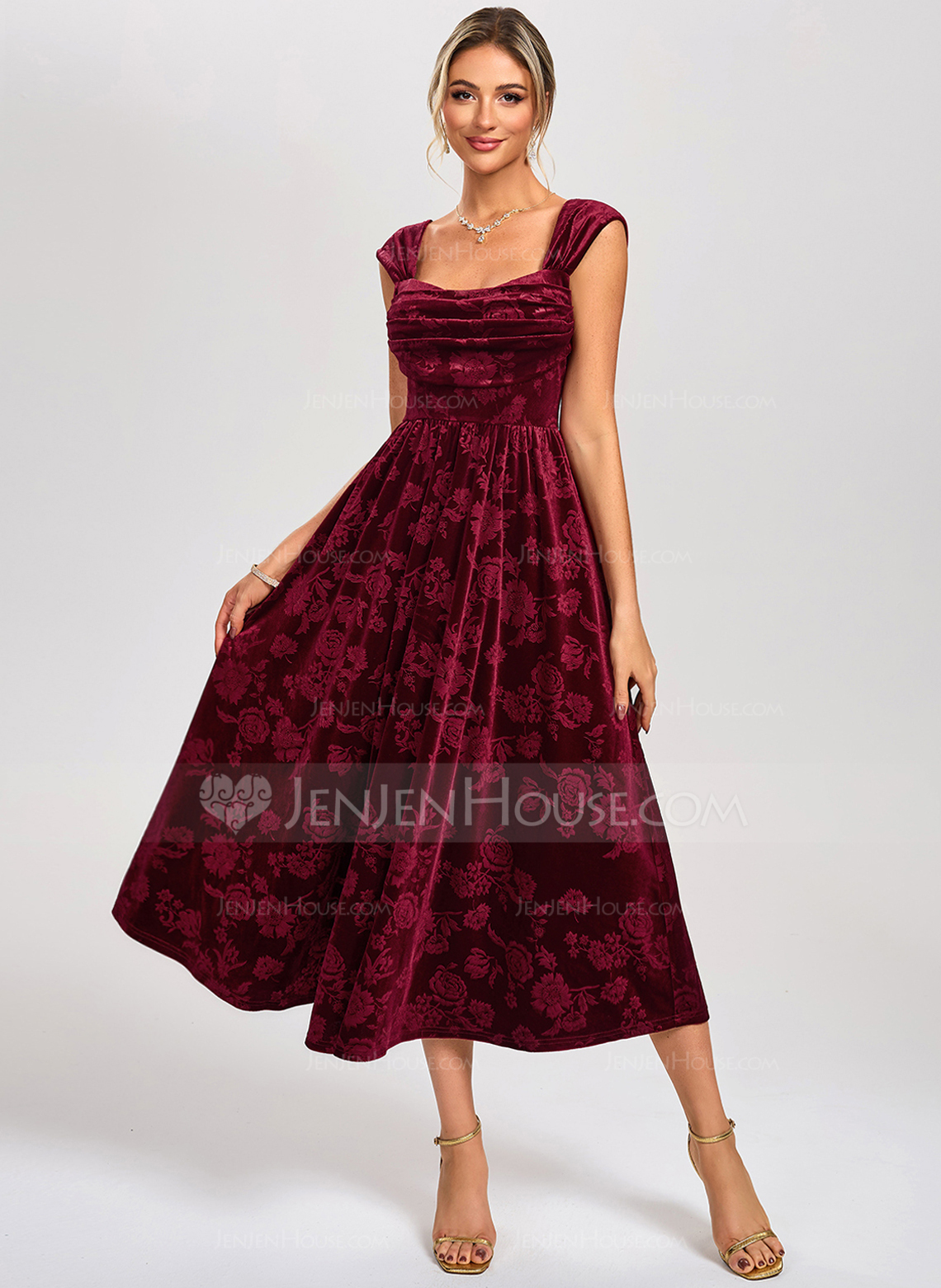 Jacquard Cowl Square Sleeveless A-line Velvet Midi Dress 
