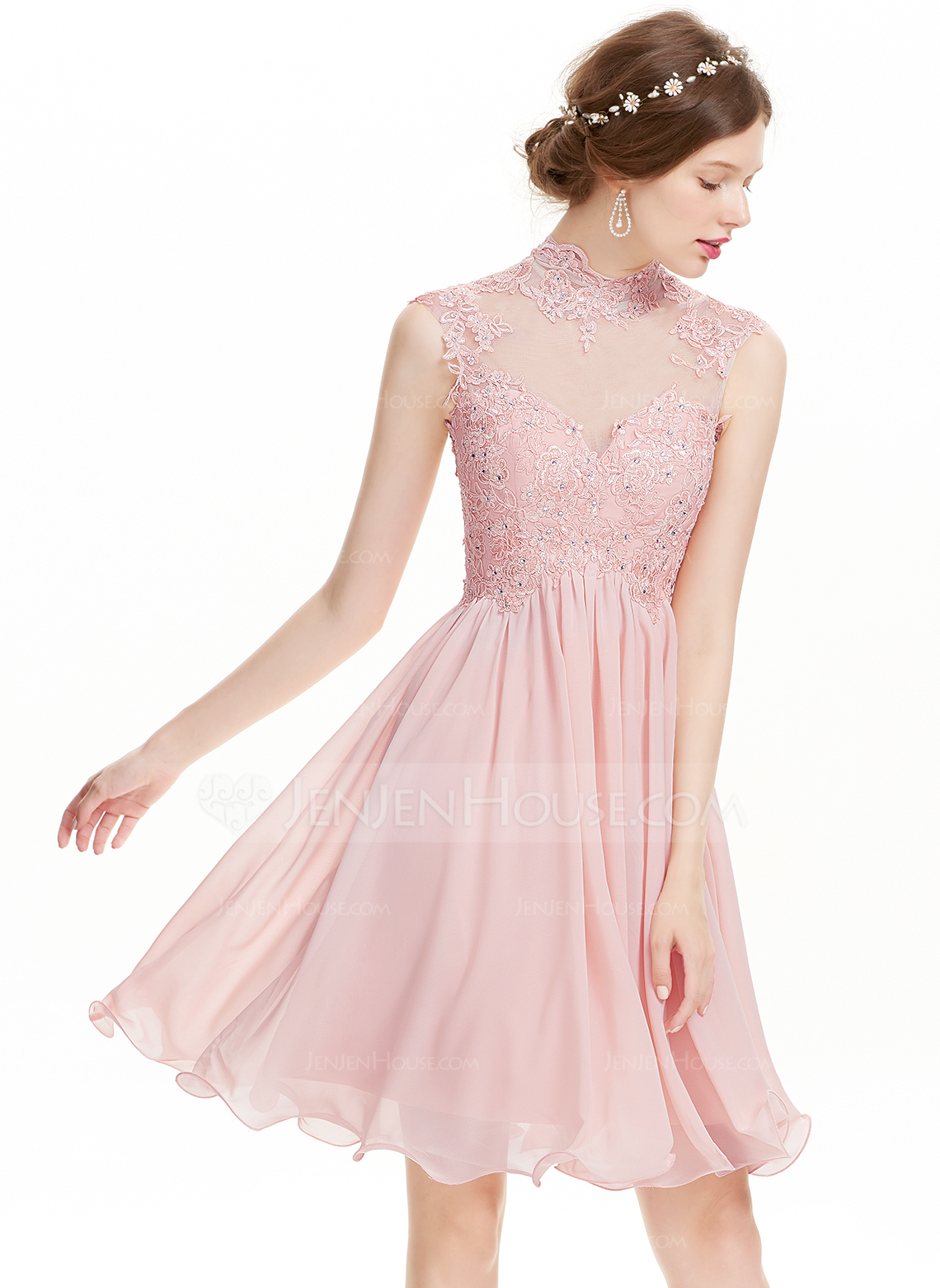 A-Formet høy Hals Knelengde Chiffong Skoleball Kjoler med Blonder Profilering 