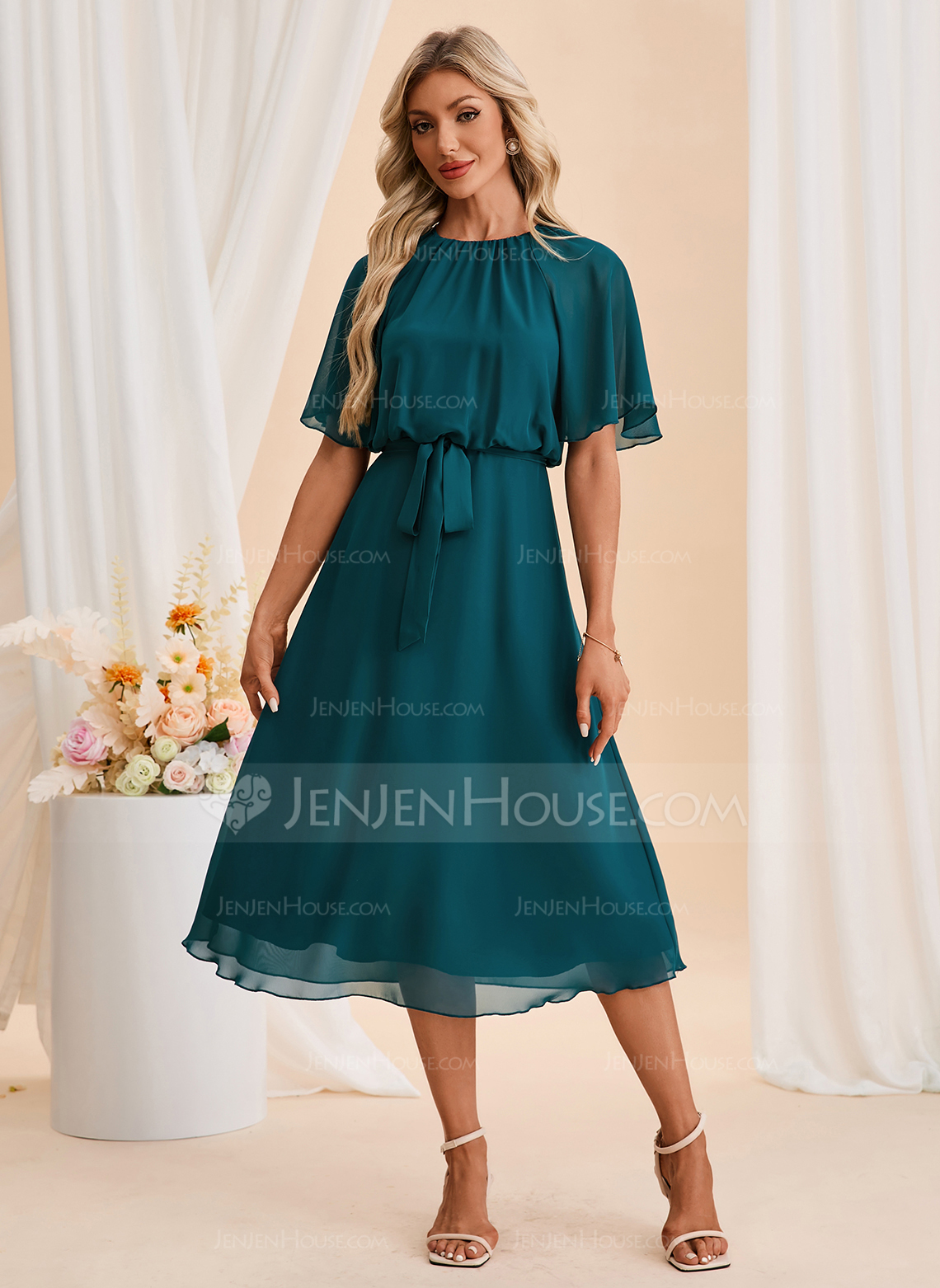 Scoop Short Sleeve A-line Chiffon Midi Dress 