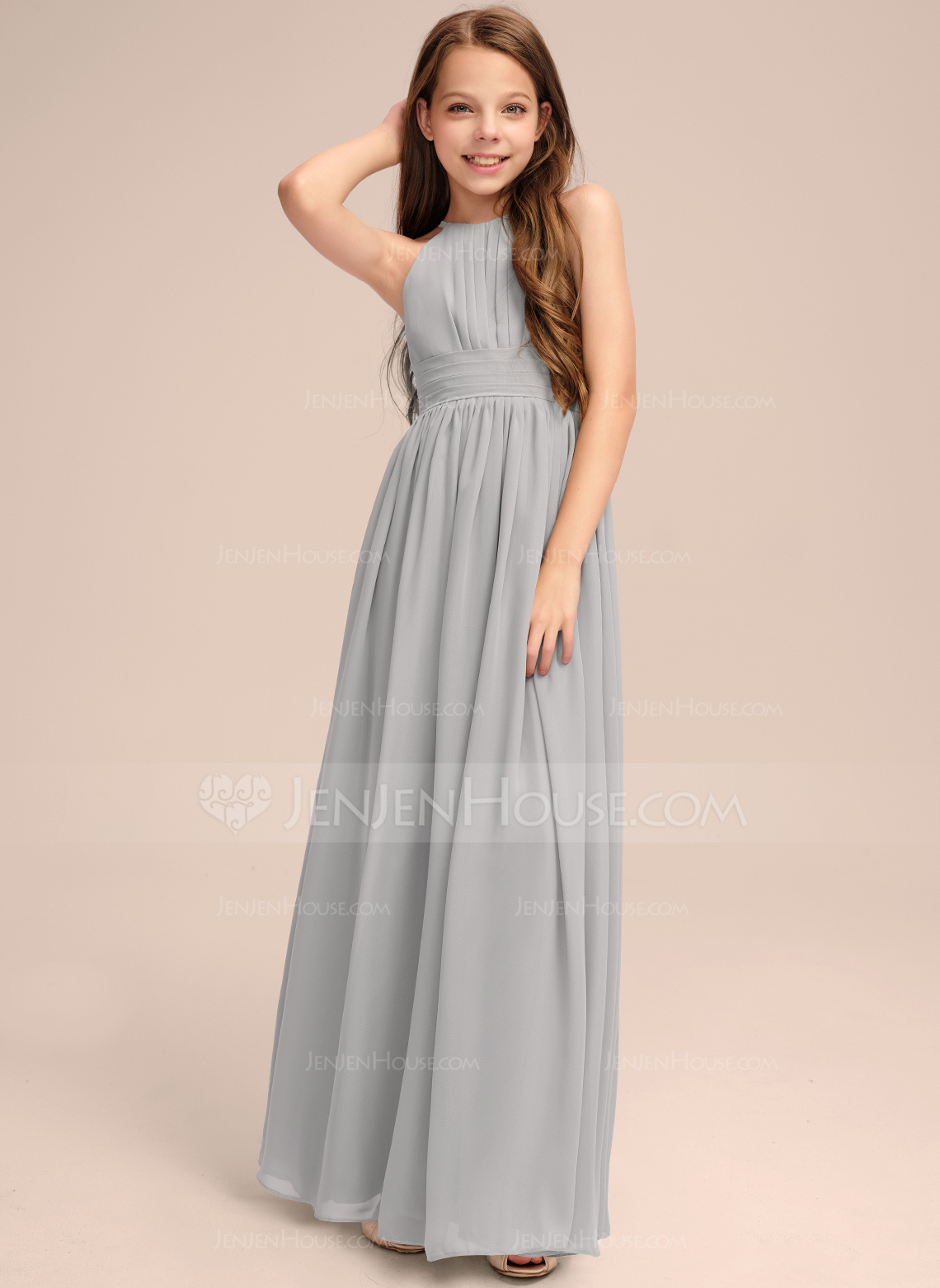 A-linja riimu lattiaa hipova pituus sifonki nuorten morsiusneito mekko jossa laskostettu 