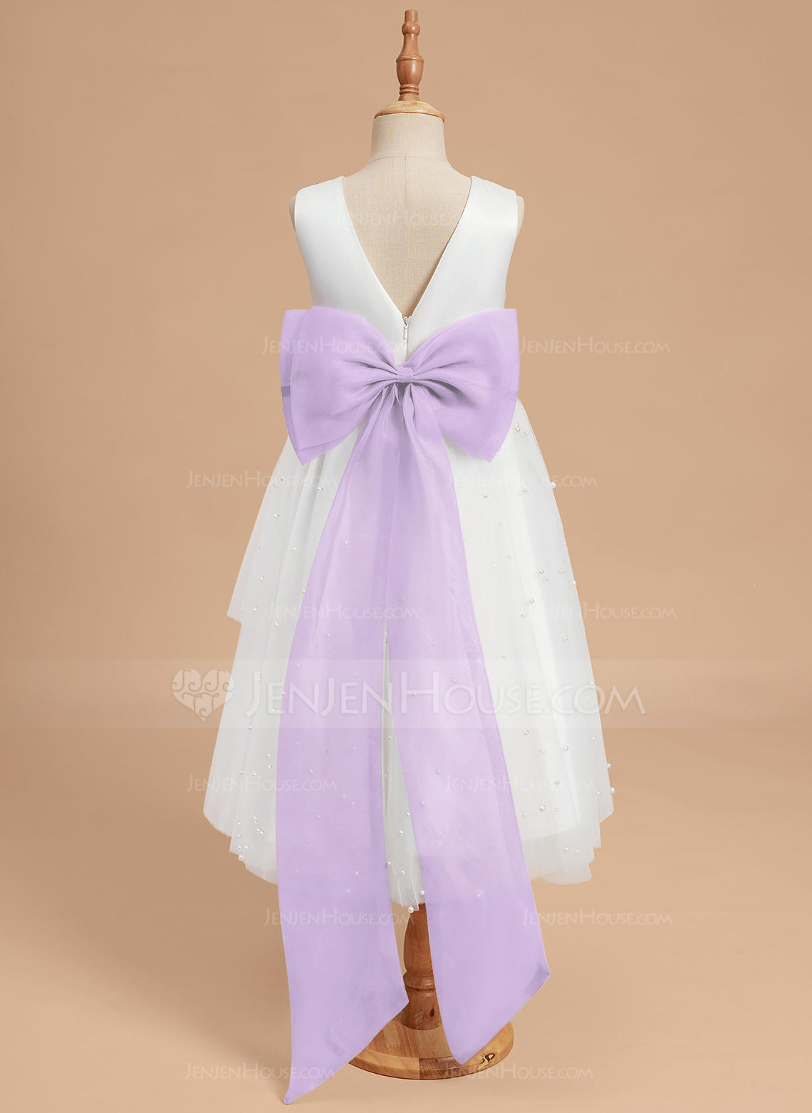 A-line Scoop Tea-Length Satin Tulle Flower Girl Dress With Beading Bow Sash 