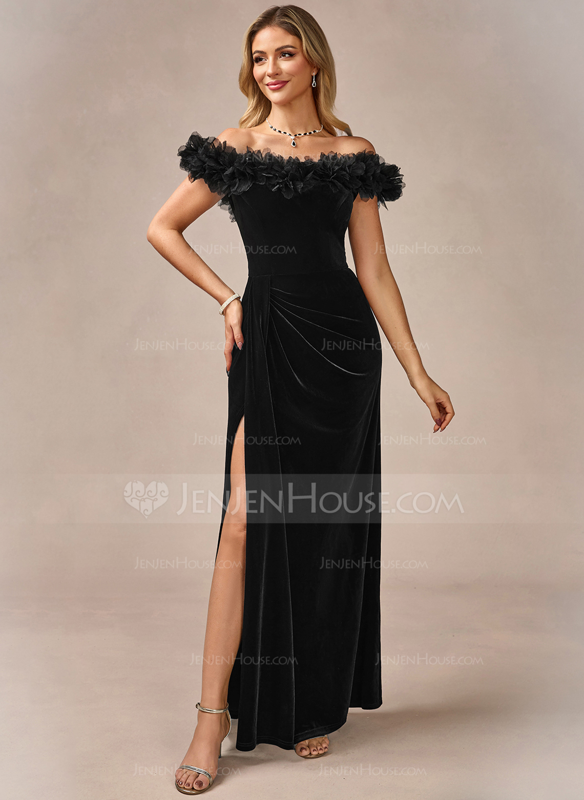 Flower Off the Shoulder Sleeveless Sheath/Column Velvet Maxi Dress 