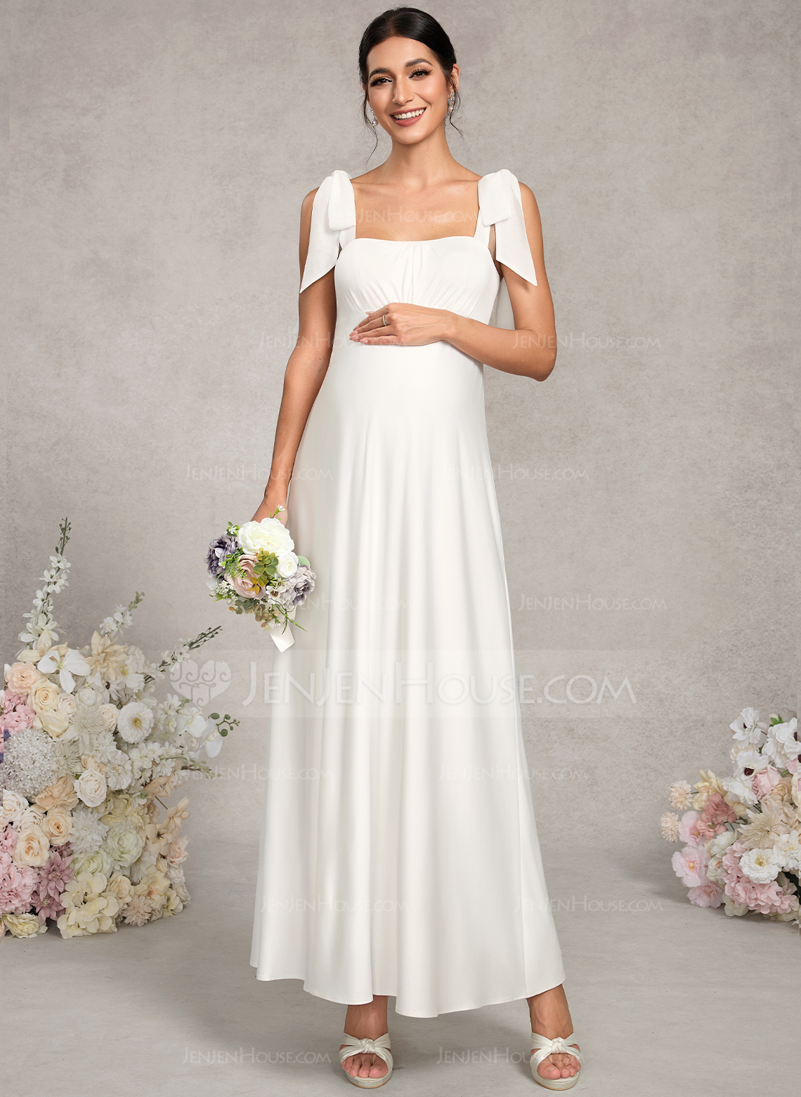A-line Square Ankle-Length Jersey Chiffon Maternity Dresses With Bow 