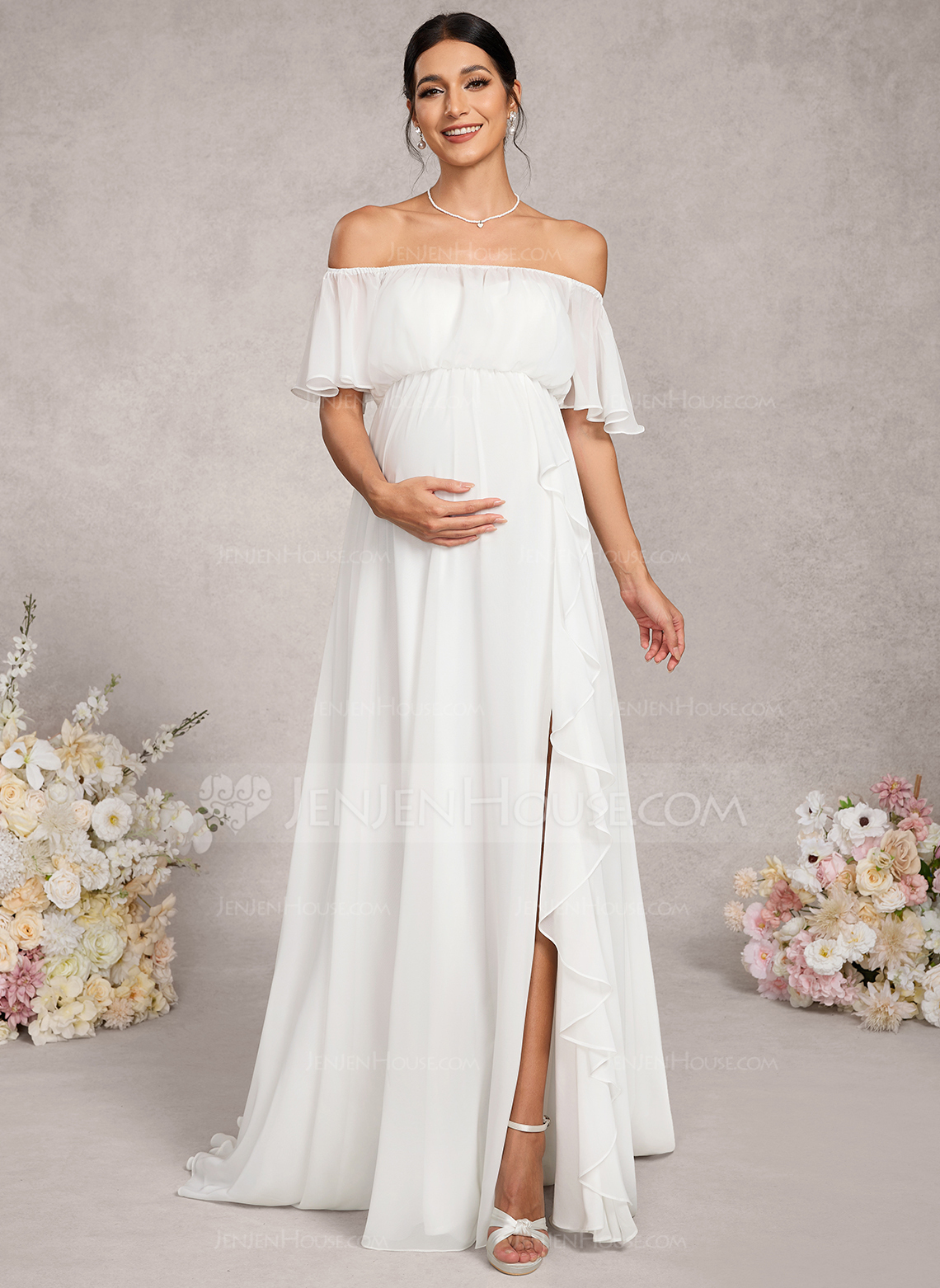 A-line Off the Shoulder Sweep Train Chiffon Maternity Dresses With Cascading Ruffles 