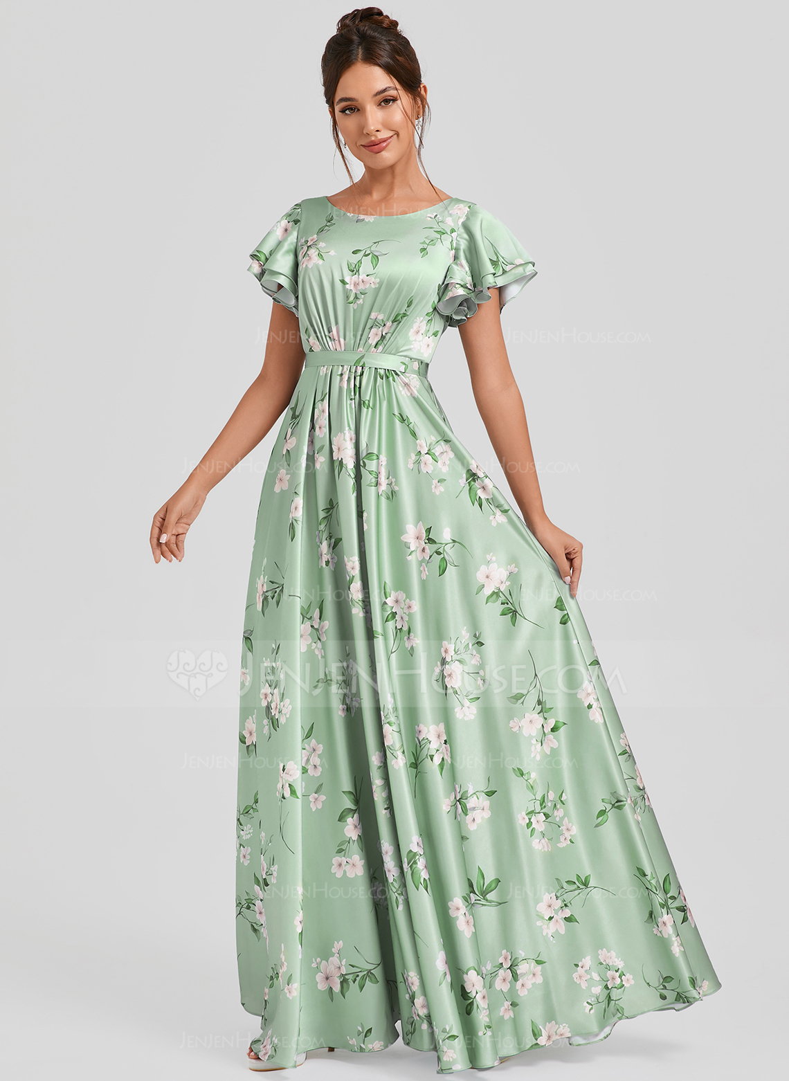 A-line Scoop Floor-Length Matte Satin Bridesmaid Dress With Ruffle 