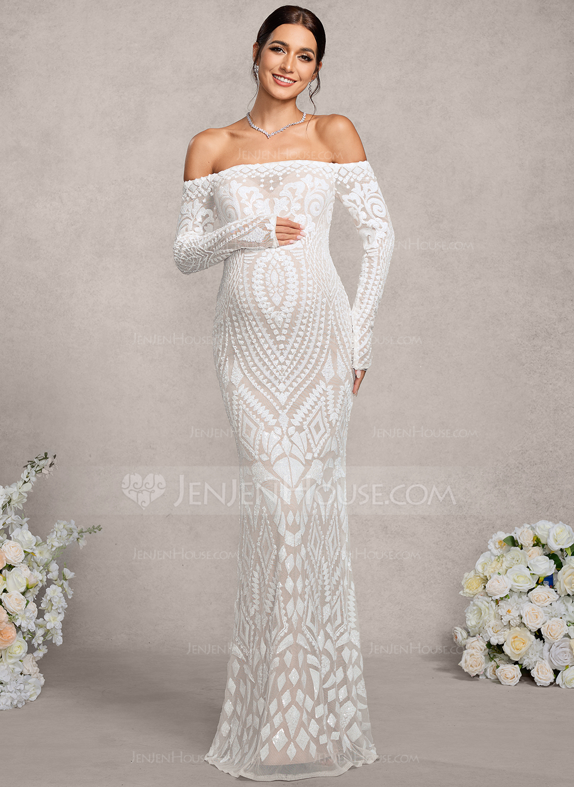 Sheath/Column Off the Shoulder Floor-Length Sequin Lace Maternity Dresses 