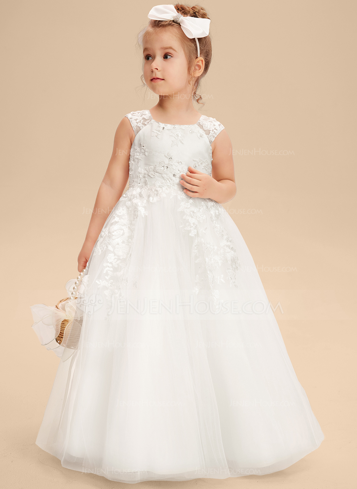 A-line kjole Scoop Gulvlengde Tyll Brudepikekjole barn med Cape paljetter 