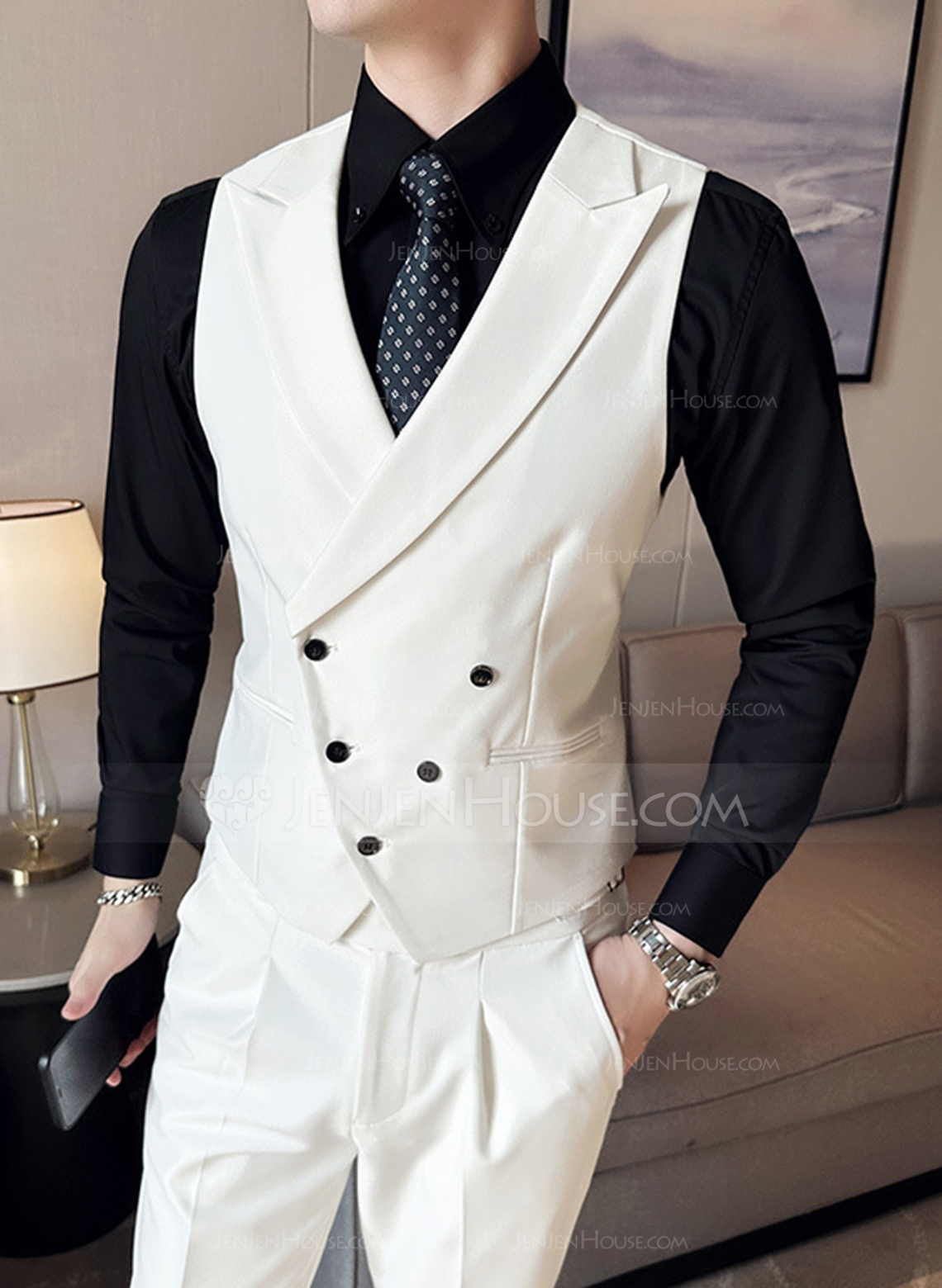 Solid Color 2 Piece Double Breasted Tailored Fit Men's Wedding Suit 