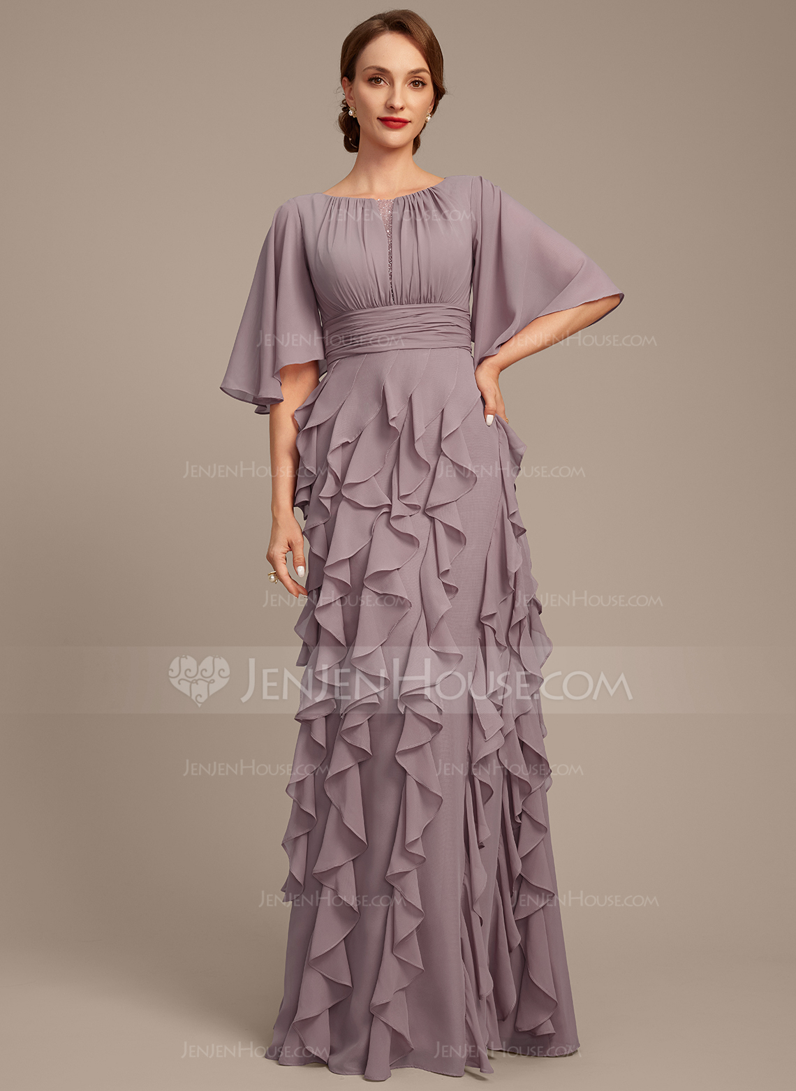 A-line Boat Neck Floor-Length Chiffon Mother of the Bride Dress With Ruffle Sequins Beading 