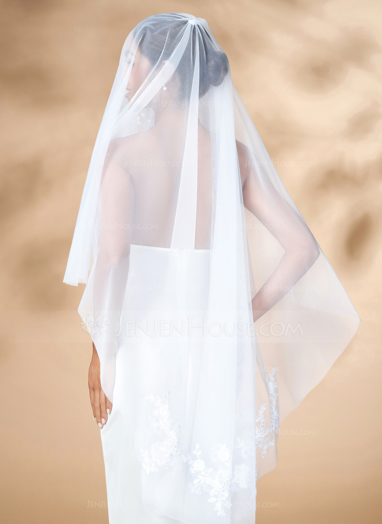 Lace Cut Edge Two Tier Bridal Fingertip Length 47" Wedding Veils With Blusher 