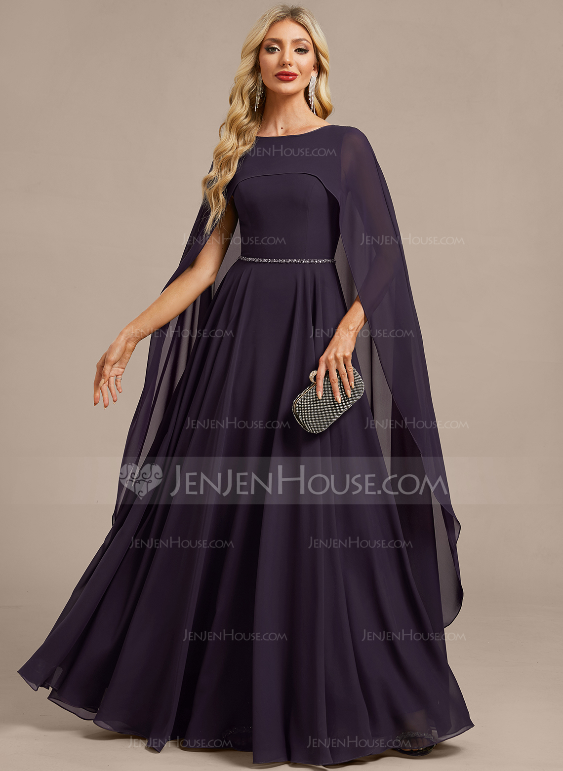 A-line Scoop Floor-Length Chiffon Mother of the Bride Dress With Beading Cape 