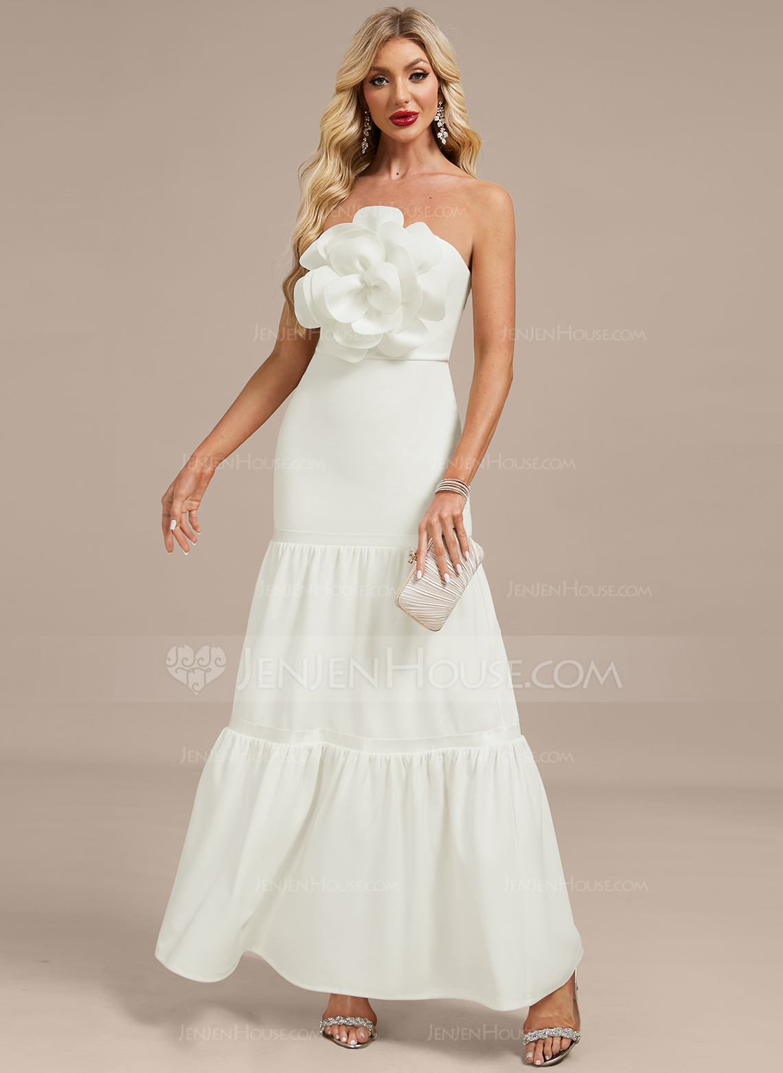 A-line Straight Floor-Length Stretch Crepe Evening Dress With Flower 