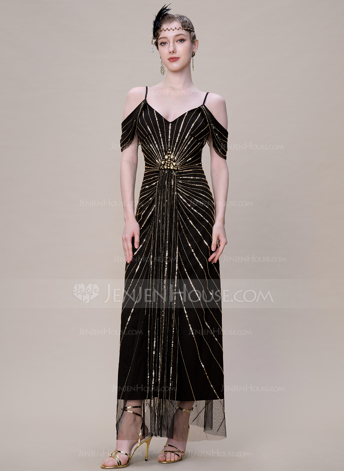 Off the Shoulder Crystal-Encrusted Beaded 1920s Evening Gown 