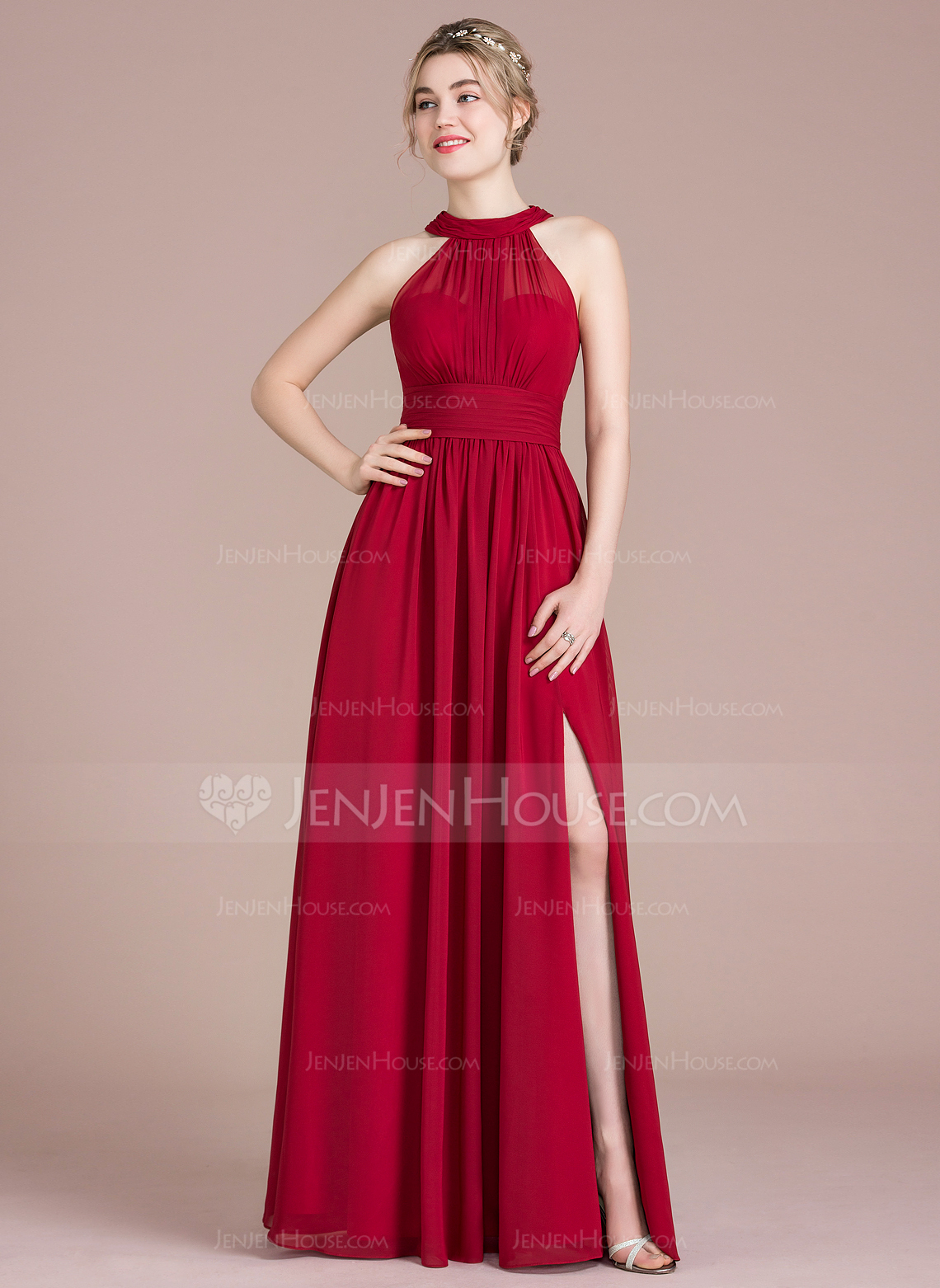 A-line kjole Scoop Gulvlengde Chiffong Brudepikekjole med Bue Frynse 