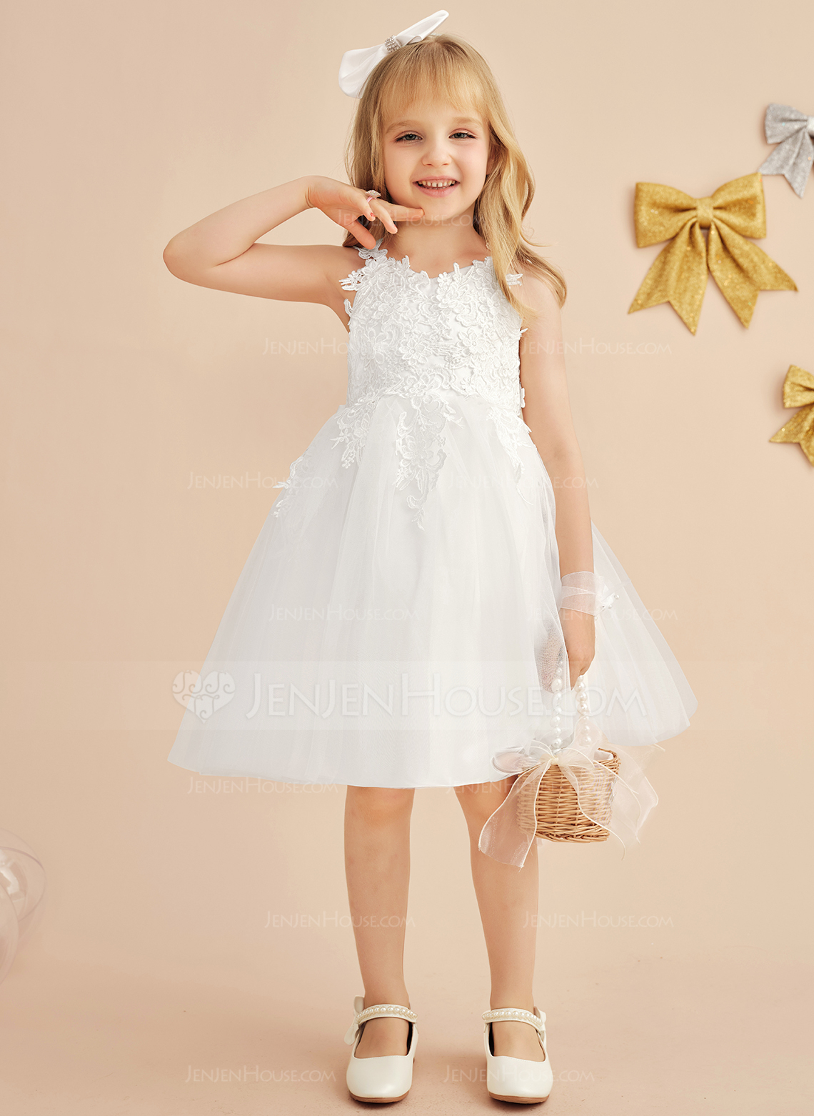 A-linja v-kaula polvipituinen tylli pitsi kukka tyttö mekot jossa keula 3d kukka 