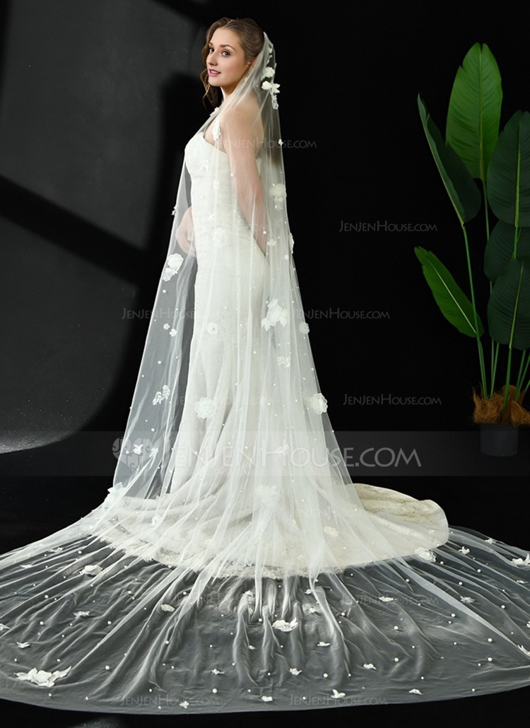 Floral Cut Edge Single Tier Tulle Bridal Cathedral Length Wedding Veils 