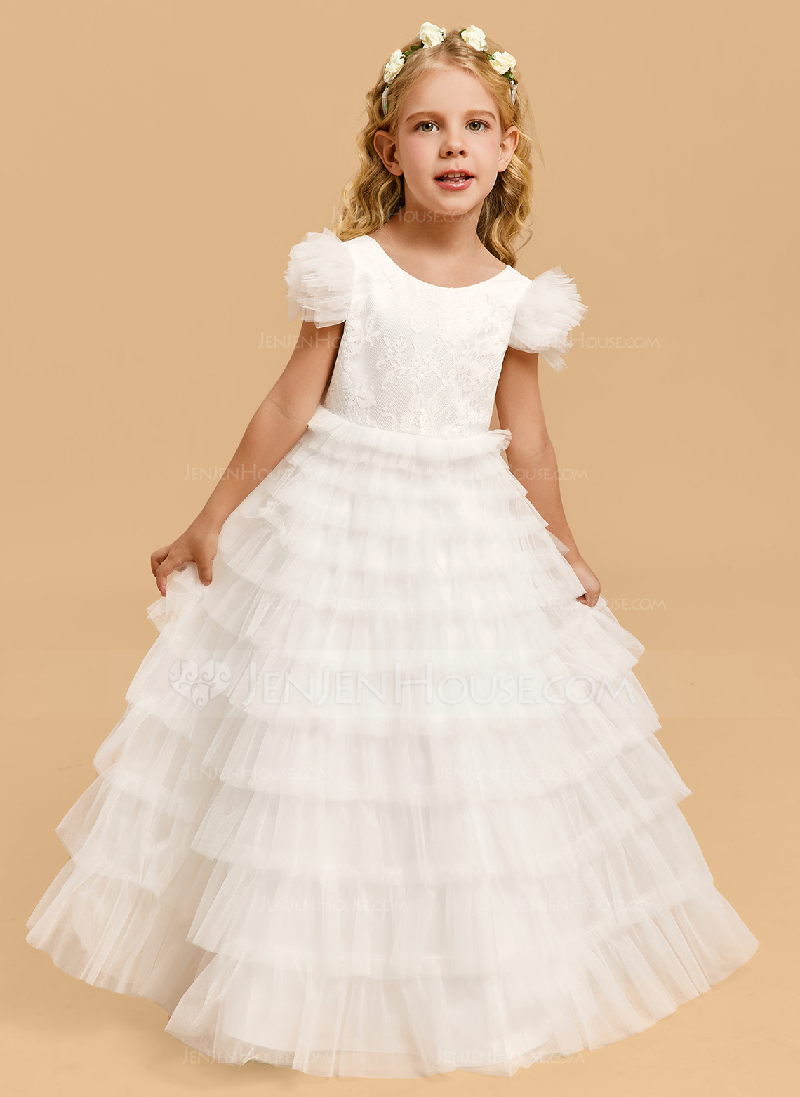 Gallakjole/Prinsesse Rund-halsudskæring Gulvlængde Tyl Blonder Blomsterpigekjole 