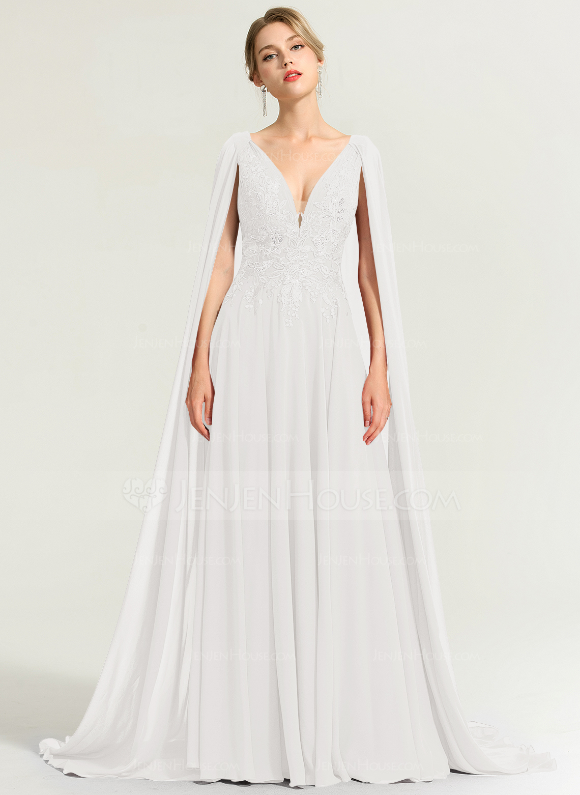 A-Linien-Kleid V-Ausschnitt Pinsel-Schleppe Spitze Chiffon Brautkleid mit Cape-Ärmel Pailletten 