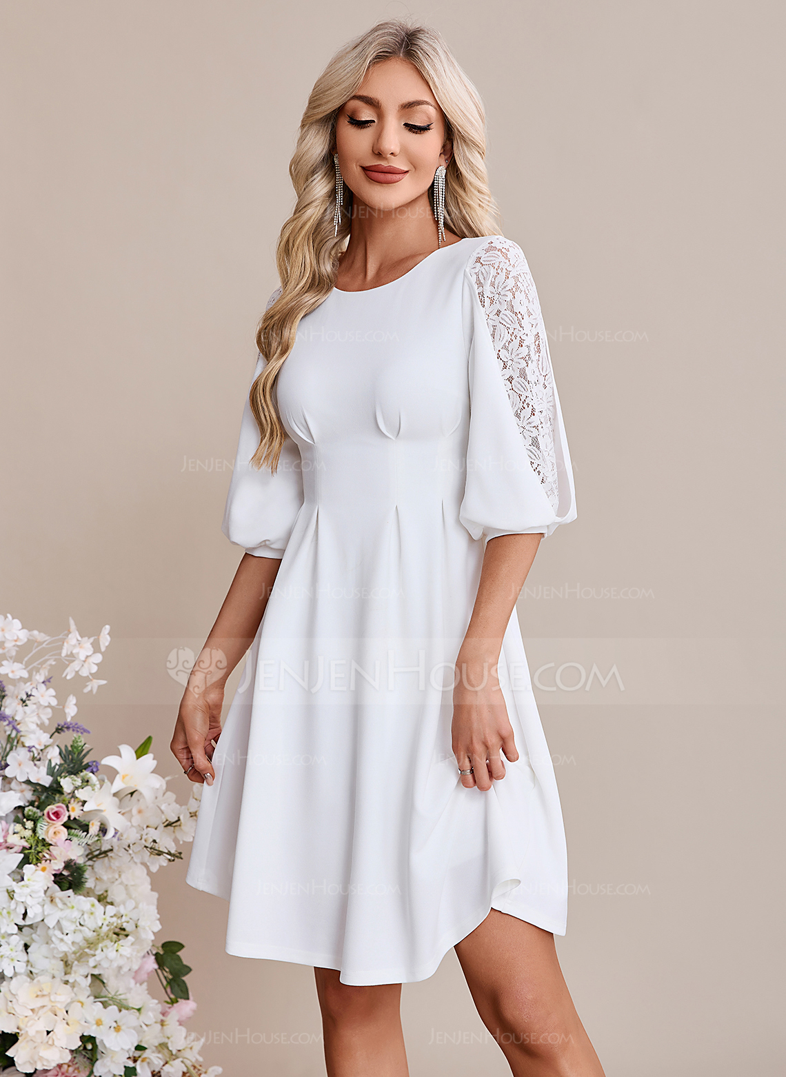 Scoop 3/4 Sleeve A-line Lace Stretch Crepe Mini Dress 