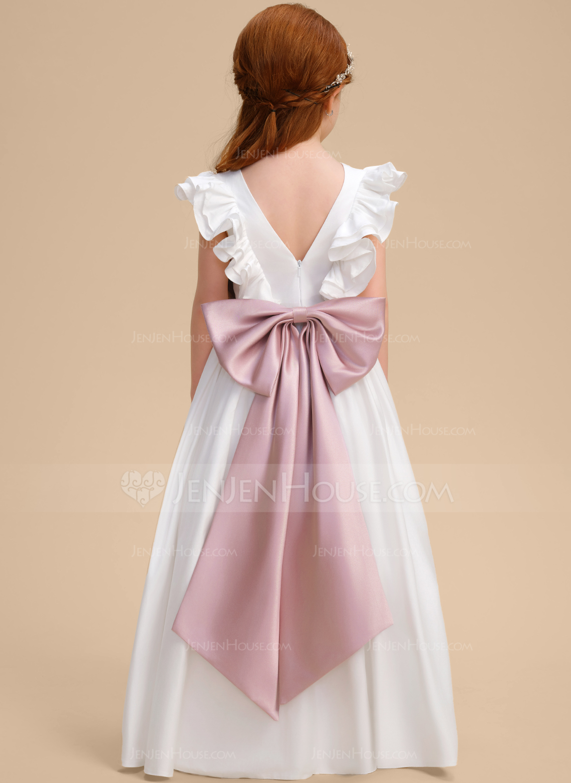 A-line Scoop Floor-Length Lining 100% Cotton Satin Flower Girl Dress With Bow 