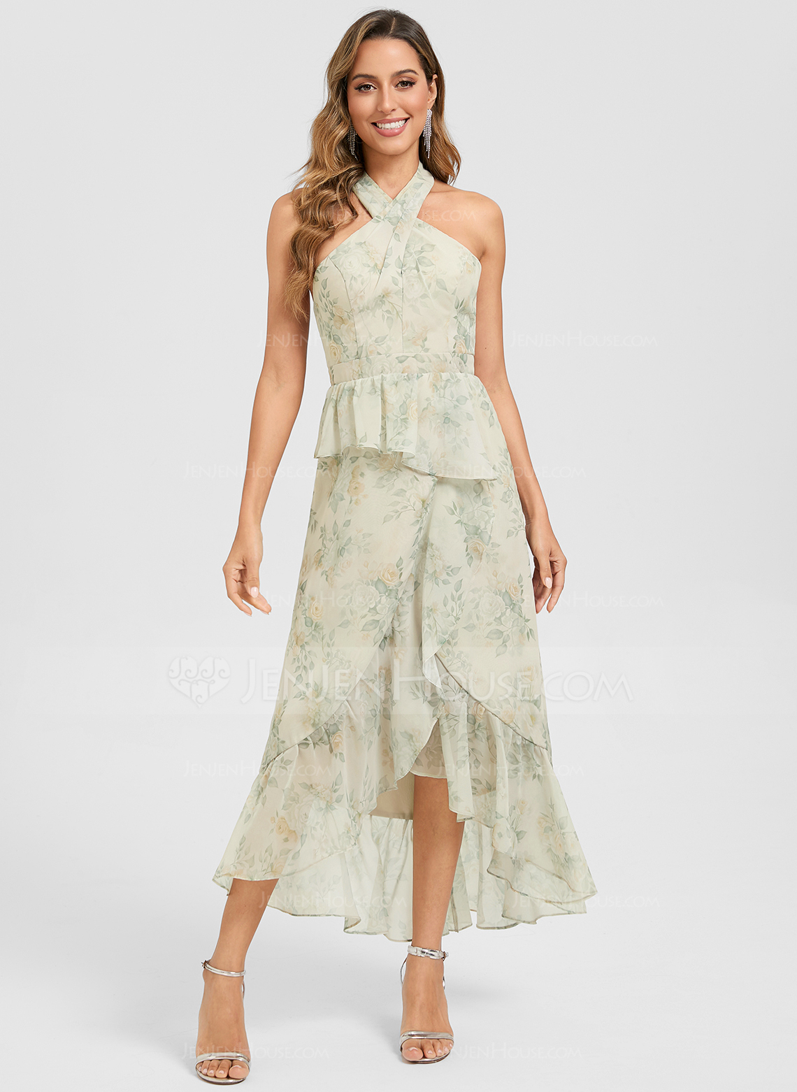 Trapèze licou asymétrique mousseline floral robe de cocktail avec à volants 