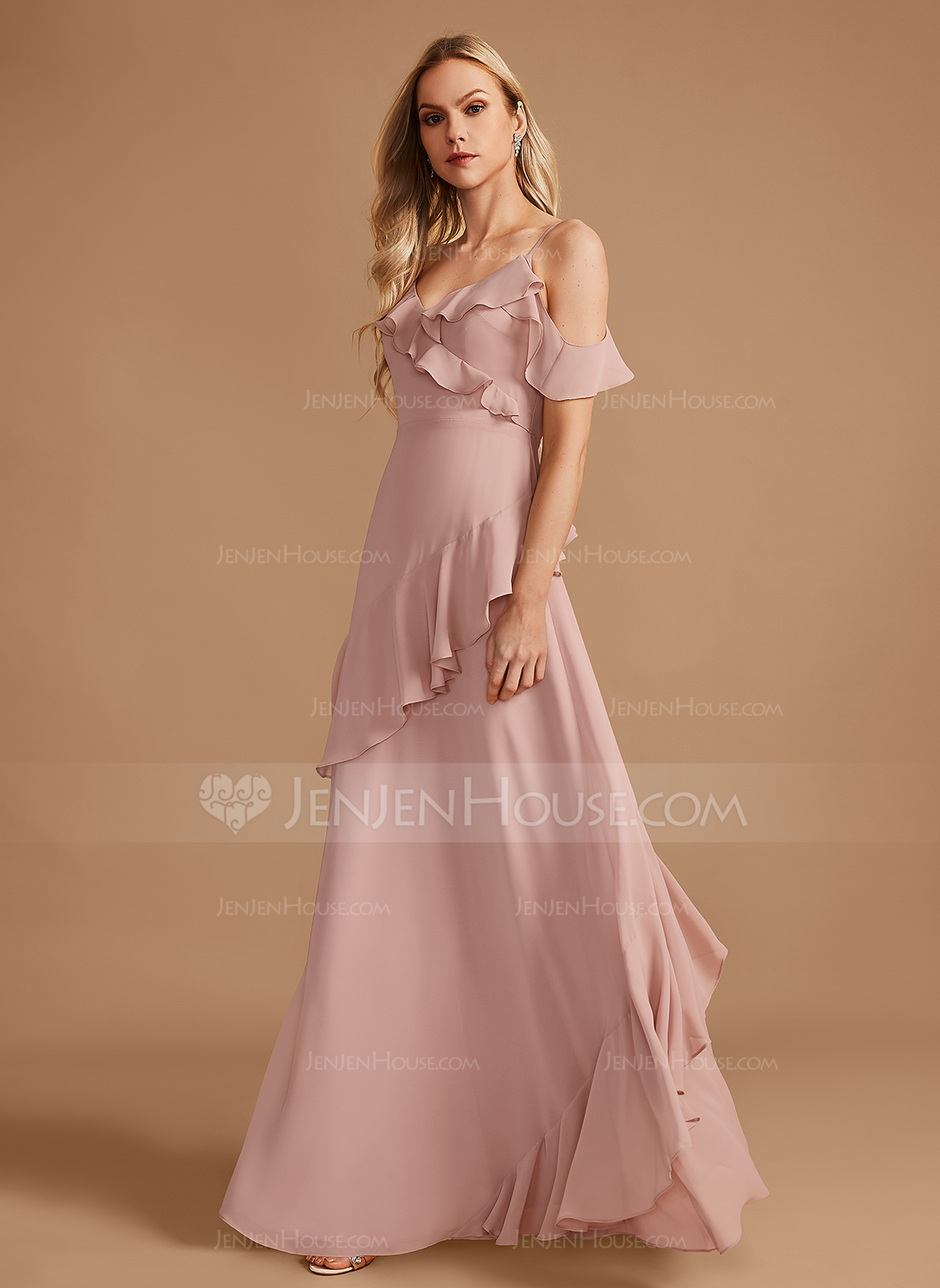 A-formet V-hals Gulvlengde Chiffong Brudepikekjole med Frynse 