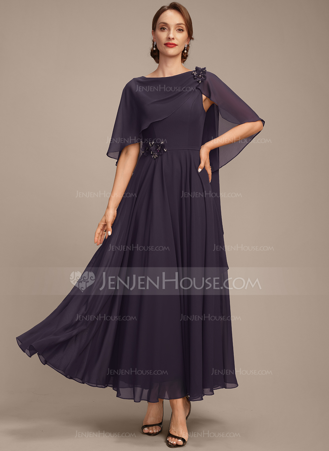 A-line Boat Neck Ankle-Length Chiffon Mother of the Bride Dress With Beading Cape 3D Floral Pleated 