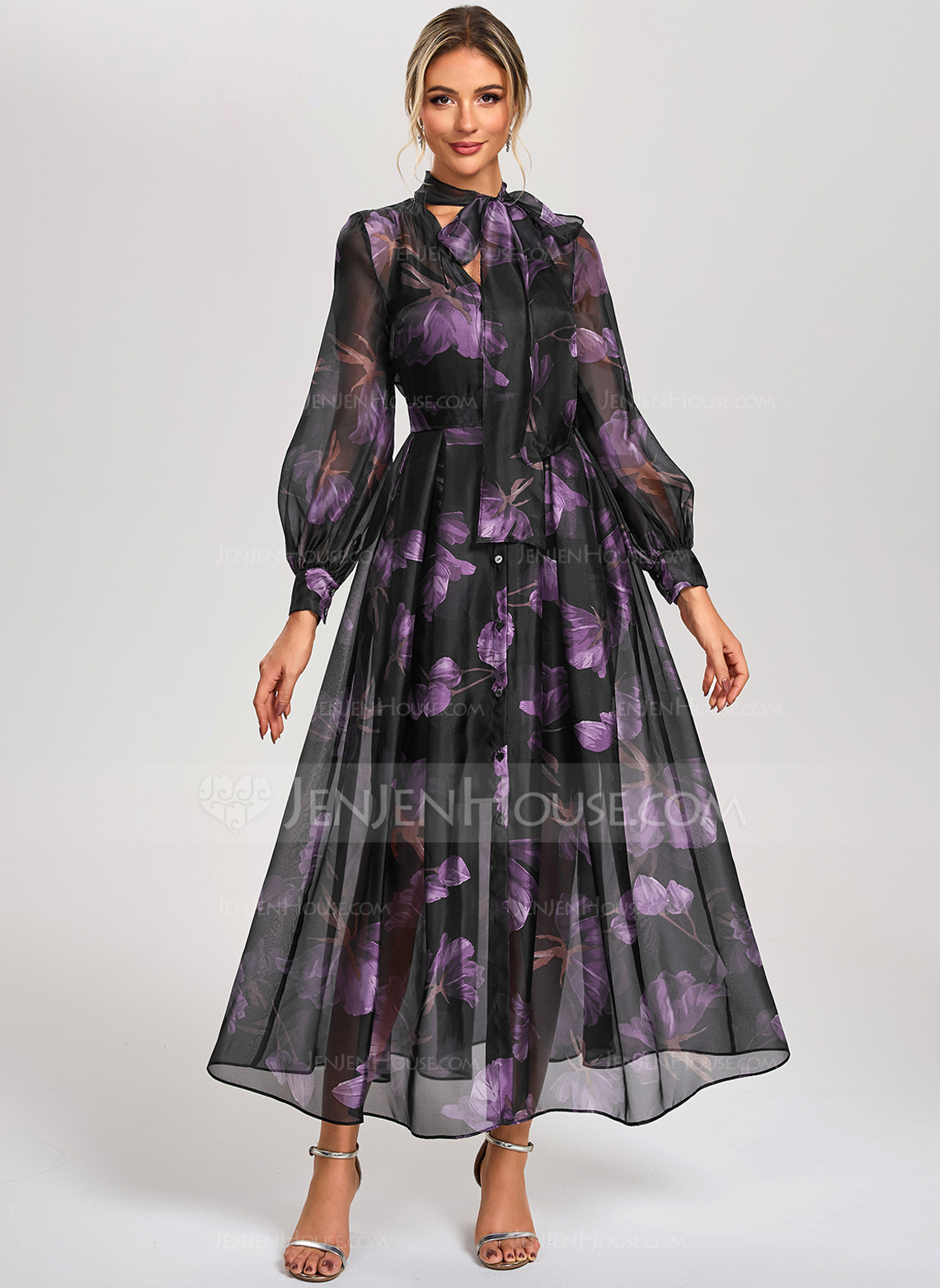 A-line V-Neck Ankle-Length Chiffon Jersey Cocktail Dress With Floral Print 