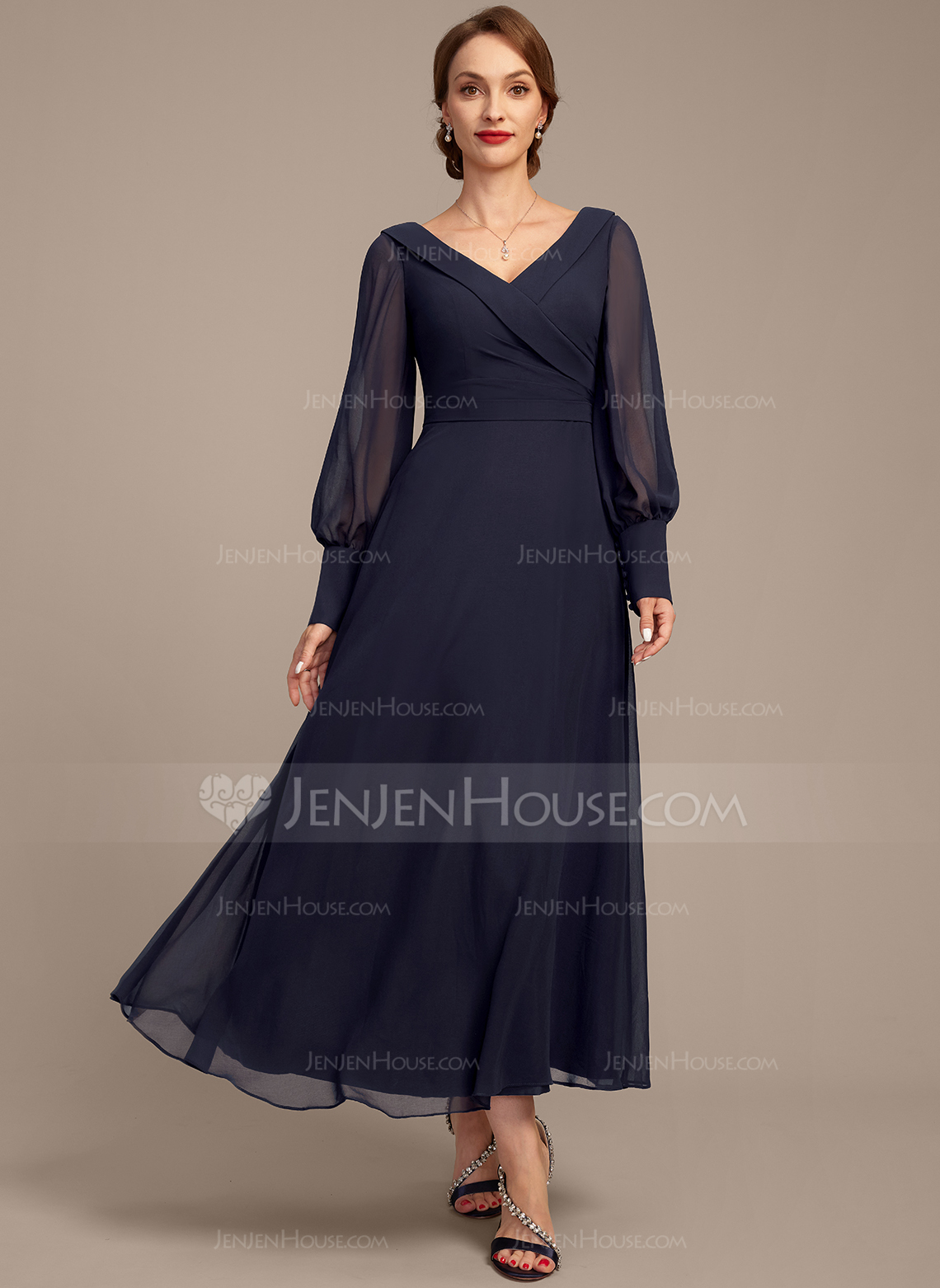 A-line V-Neck Collared Ankle-Length Chiffon Mother of the Bride Dress With Pleated 