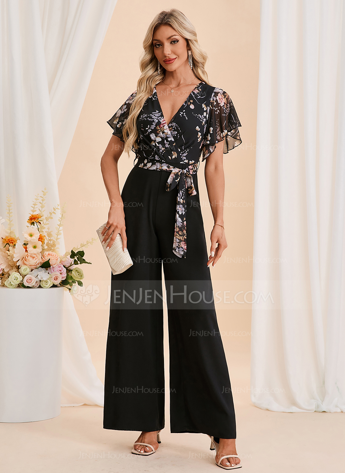 Floral Print V-Neck Short Sleeve Chiffon Crepe Maxi Jumpsuits 