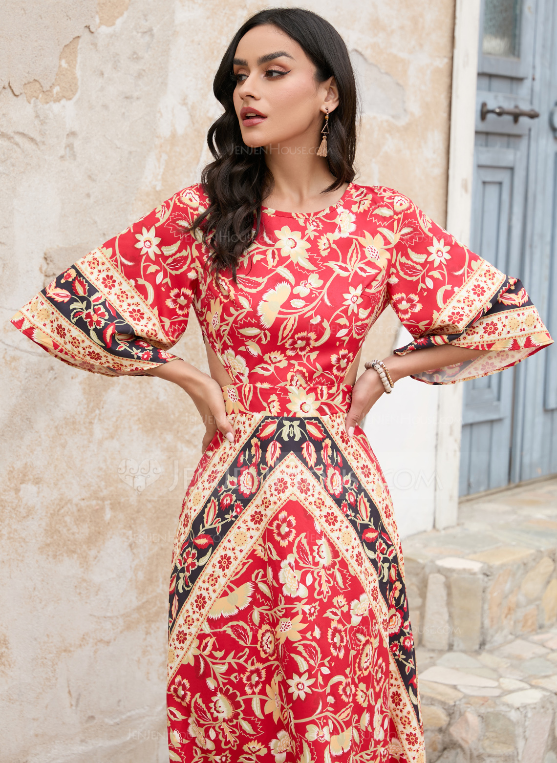 Rund hals Trekvart ermer Ferie A-line kjole Polyester Midi Motekjoler 