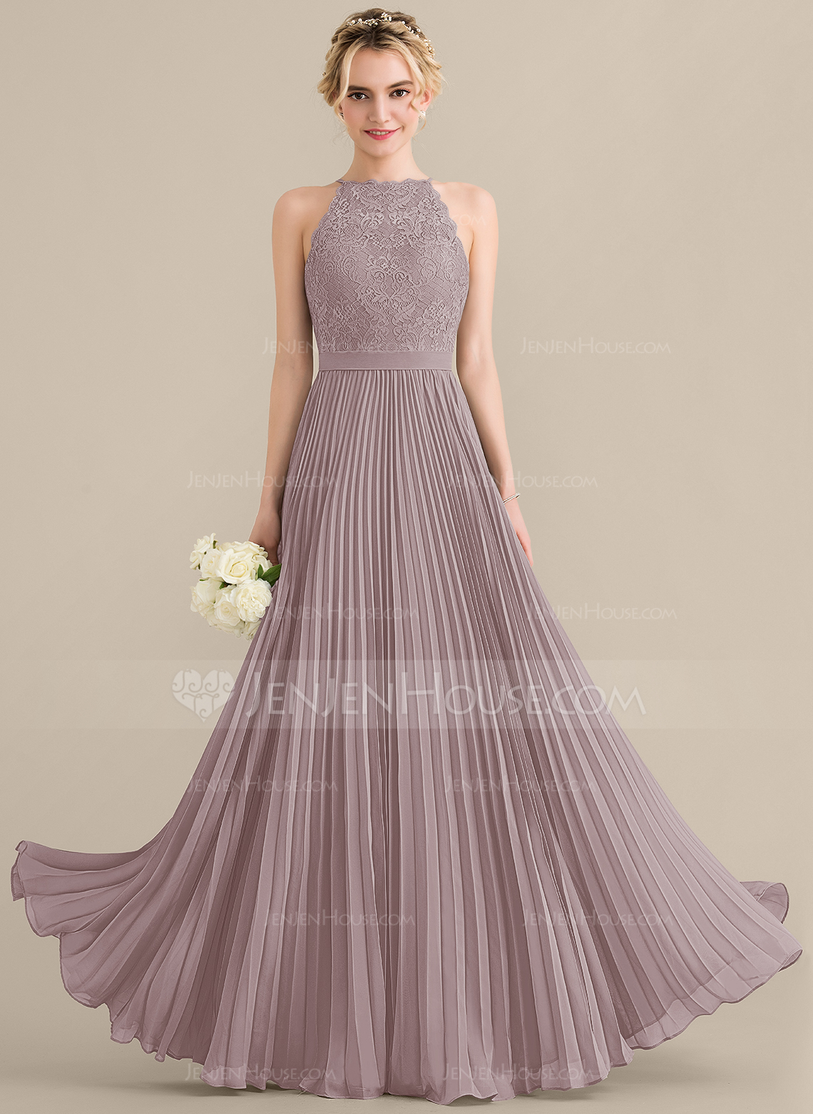 A-Linien-Kleid Rundhals Bodenlang Spitze Chiffon Ballkleid mit Plissee 