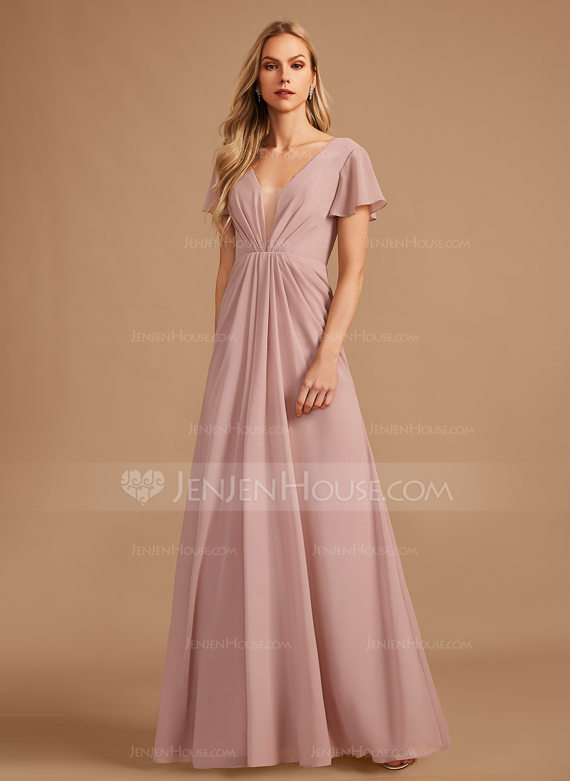 A-Line V-neck Floor-Length Chiffon Bridesmaid Dress With Ruffle 