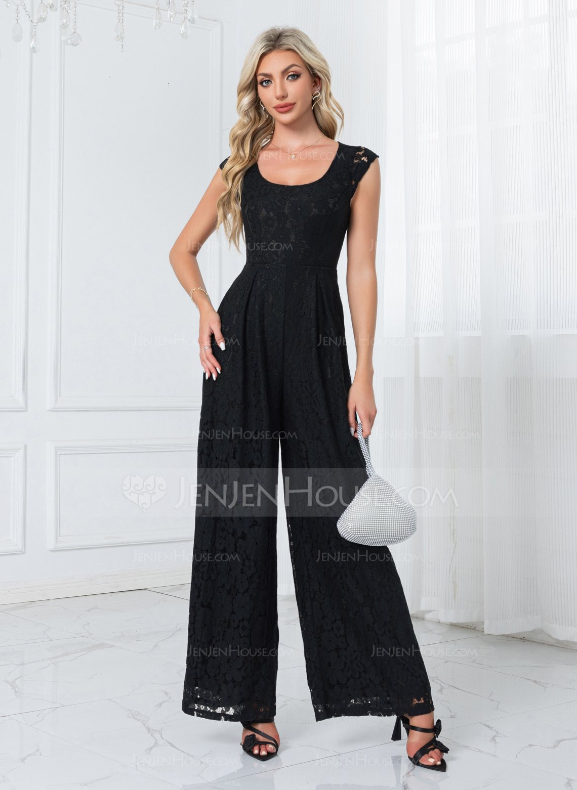 Rund-halsudskæring Hætte ærmer Blonder Maxi Jumpsuits 